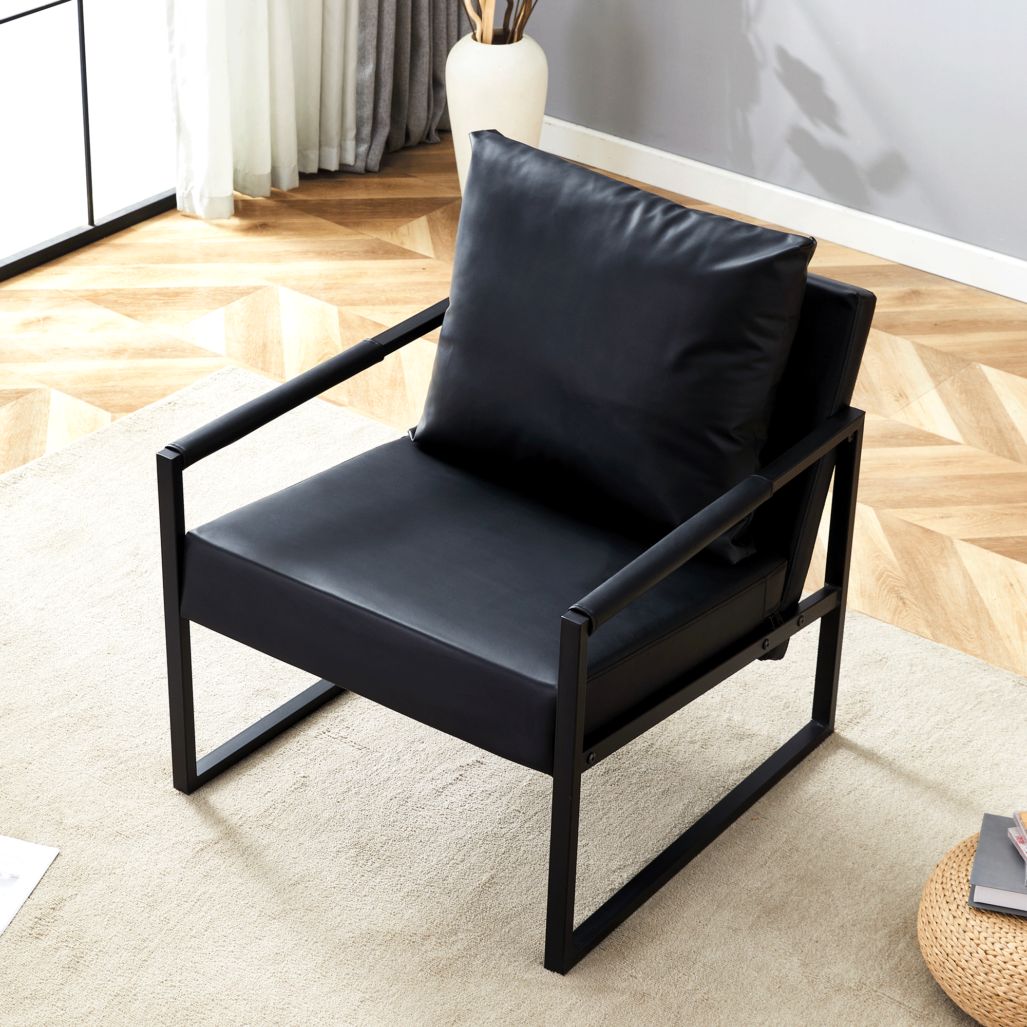 Set Of 1 Classic Black PU Leather And Metal Frame Sofa -Ergonomically Designed, A Perfect Blend Of Modern And Industrial Styles