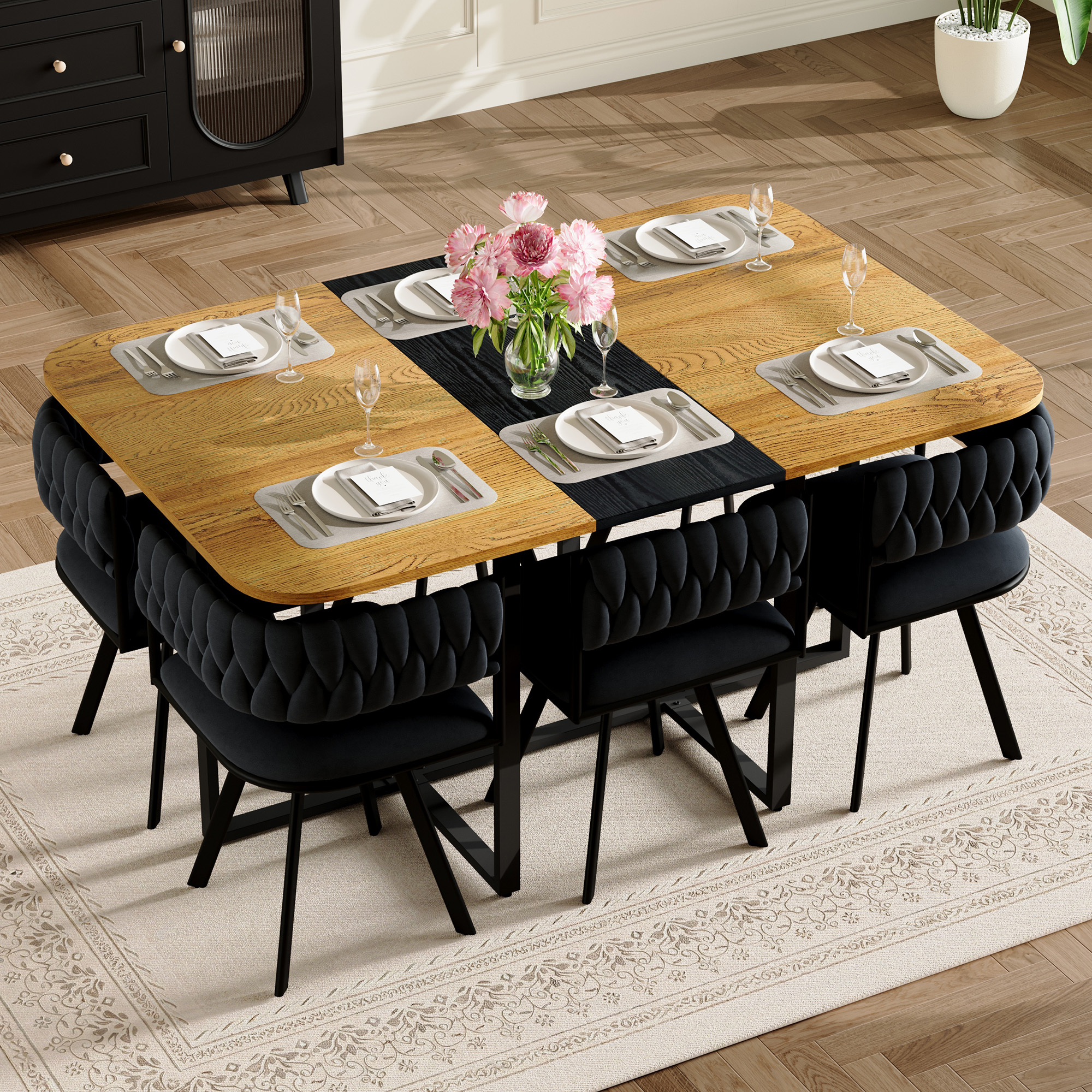 7-Piece Rectangular Dining Table Set, Fixed Two-Tone Wood Grain & Black Triamine Tabletop With 6 Black Velvet Chairs, Modern Kitchen Table Set For 6 People, Ideal For Small Spaces, Apartment