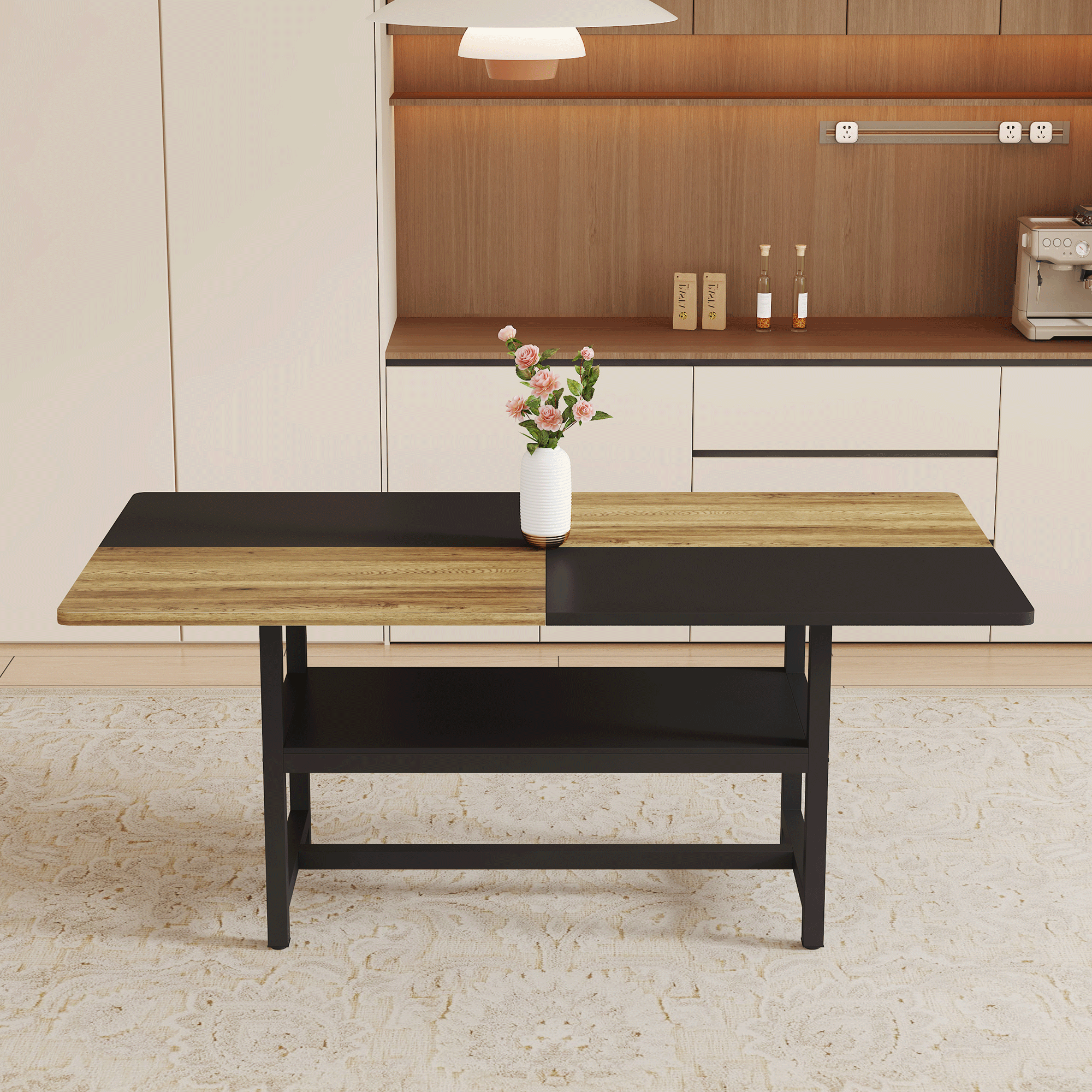 Multifunctional Dining Table 71  L X35.4  W X30  H, Two-Tone Spliced Top & 43.3  Storage Shelf, Ideal For Family Gatherings & Modern Spaces.