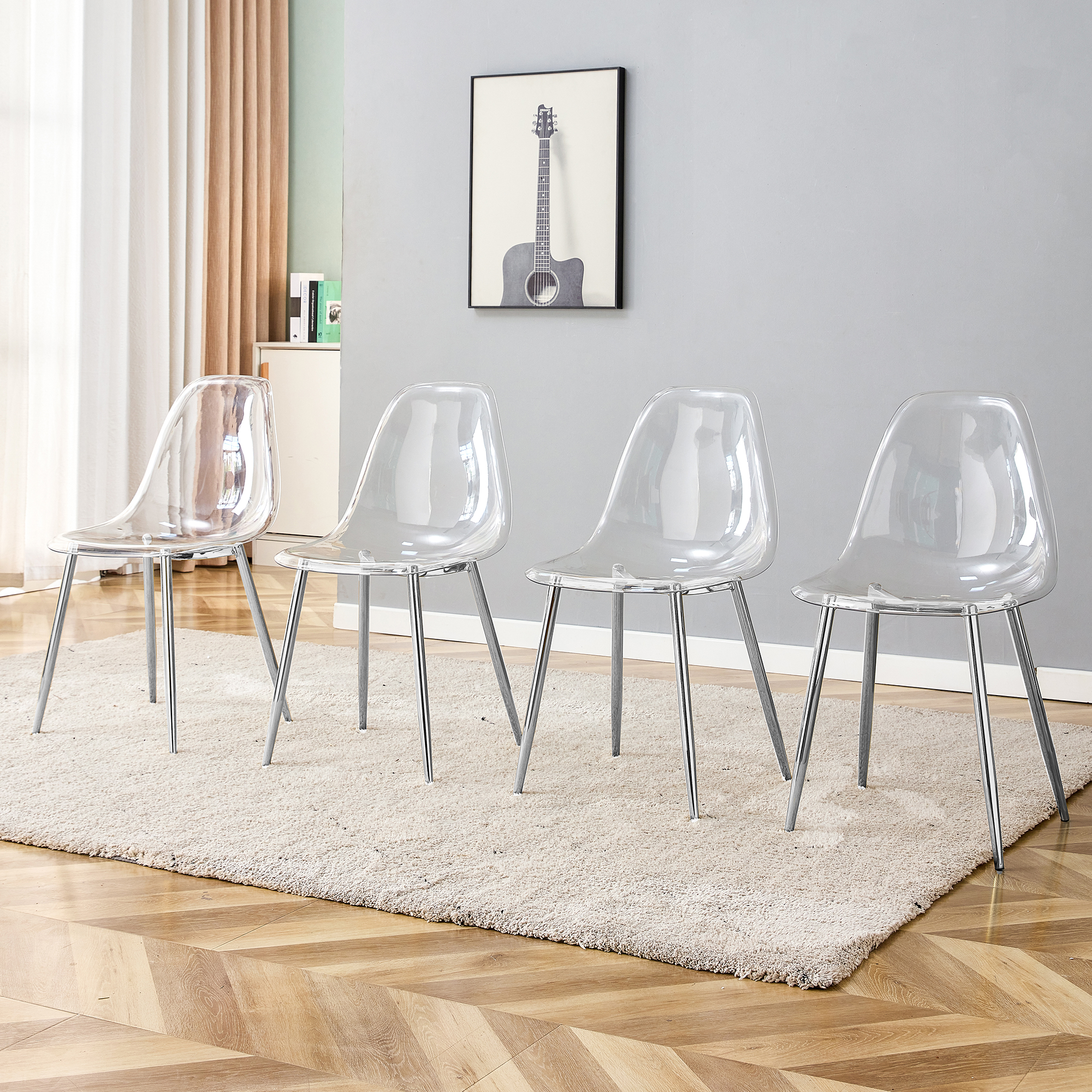 Modern Minimalist Transparent Dining Chair, Plastic Chair, Armless Crystal Chair, Nordic Creative Makeup Stool, Negotiation Chair, Silver Plated Metal Leg 6-piece Set, TW-1200