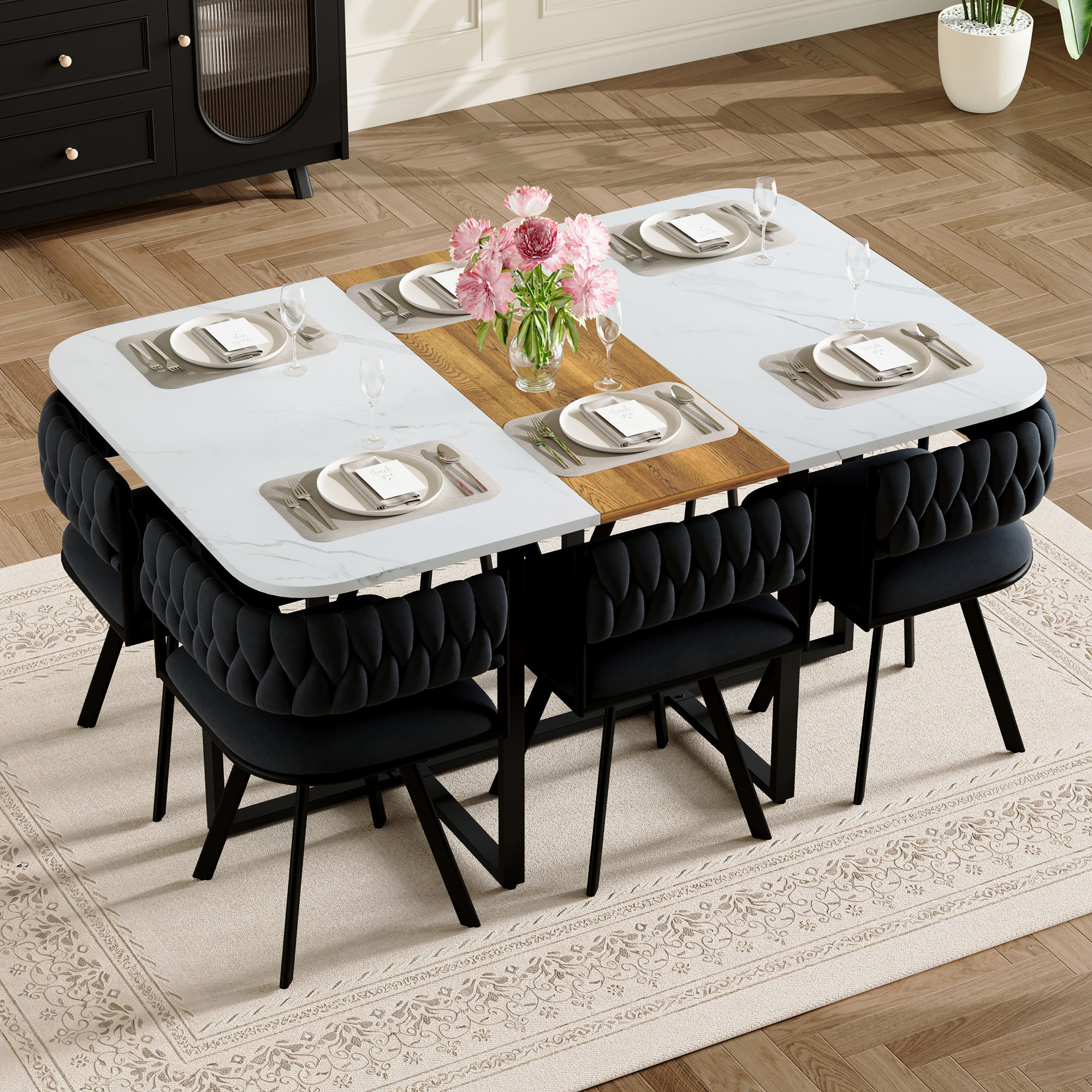 7-Piece Rectangular Dining Table Set, Fixed White Faux Marble & Wood Grain Triamine Tabletop With 6 Black Velvet Chairs, Modern Kitchen Table Set For 6 People, Ideal For Small Spaces