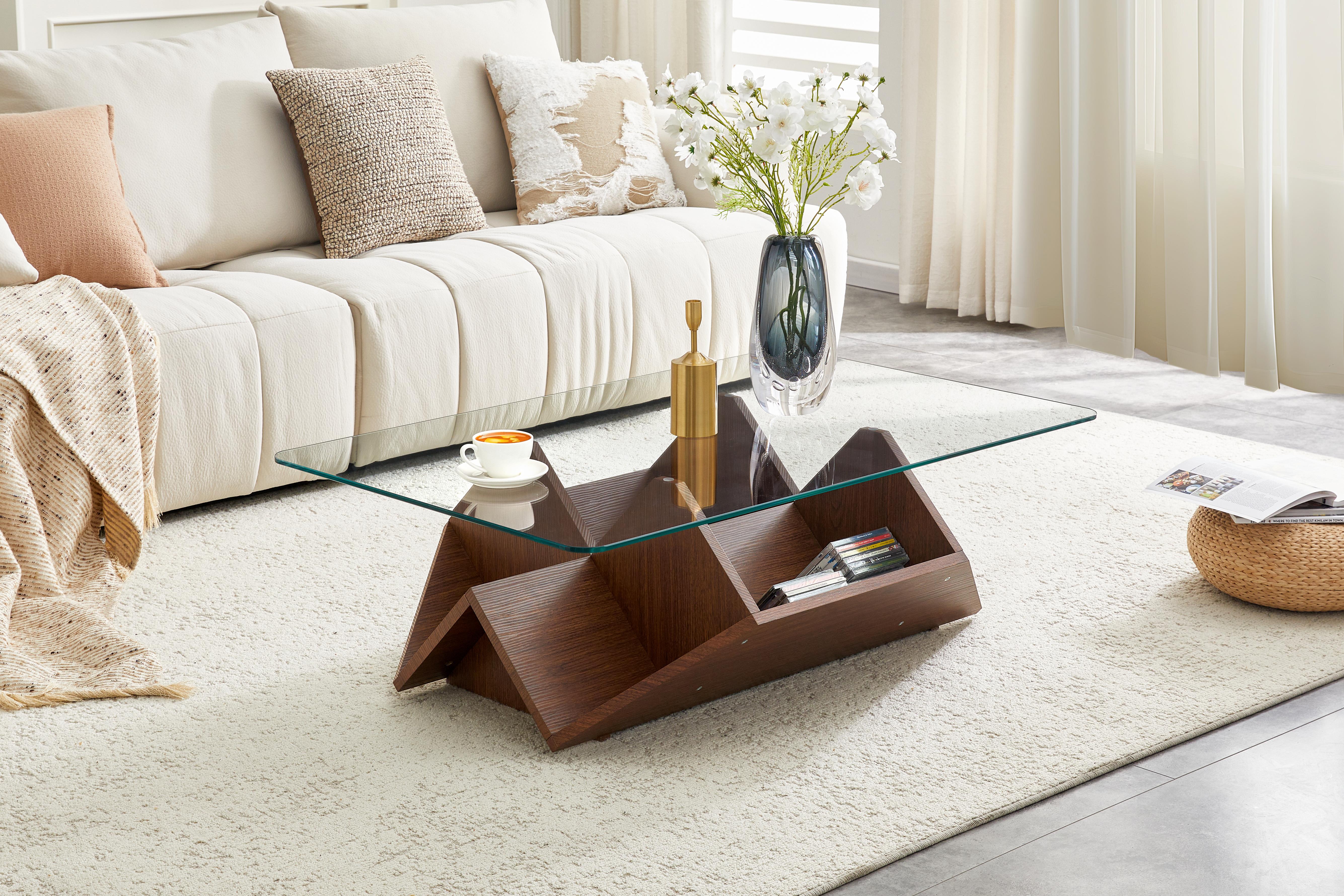 Multi-Storage Tempered Glass & MDF Coffee Table, Walnut Finish Coffee Table With Spacious Compartments For Daily Essentials, Modern Living Room Office Coffee Table