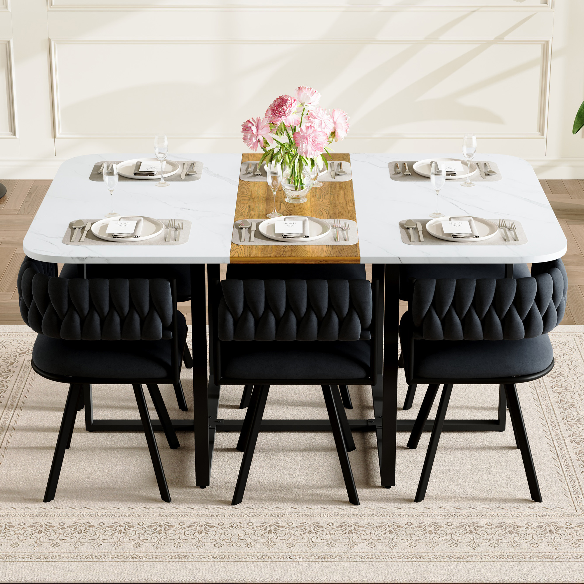 7-Piece Rectangular Dining Table Set, Fixed White Faux Marble & Wood Grain Triamine Tabletop With 6 Black Velvet Chairs, Modern Kitchen Table Set For 6 People, Ideal For Small Spaces