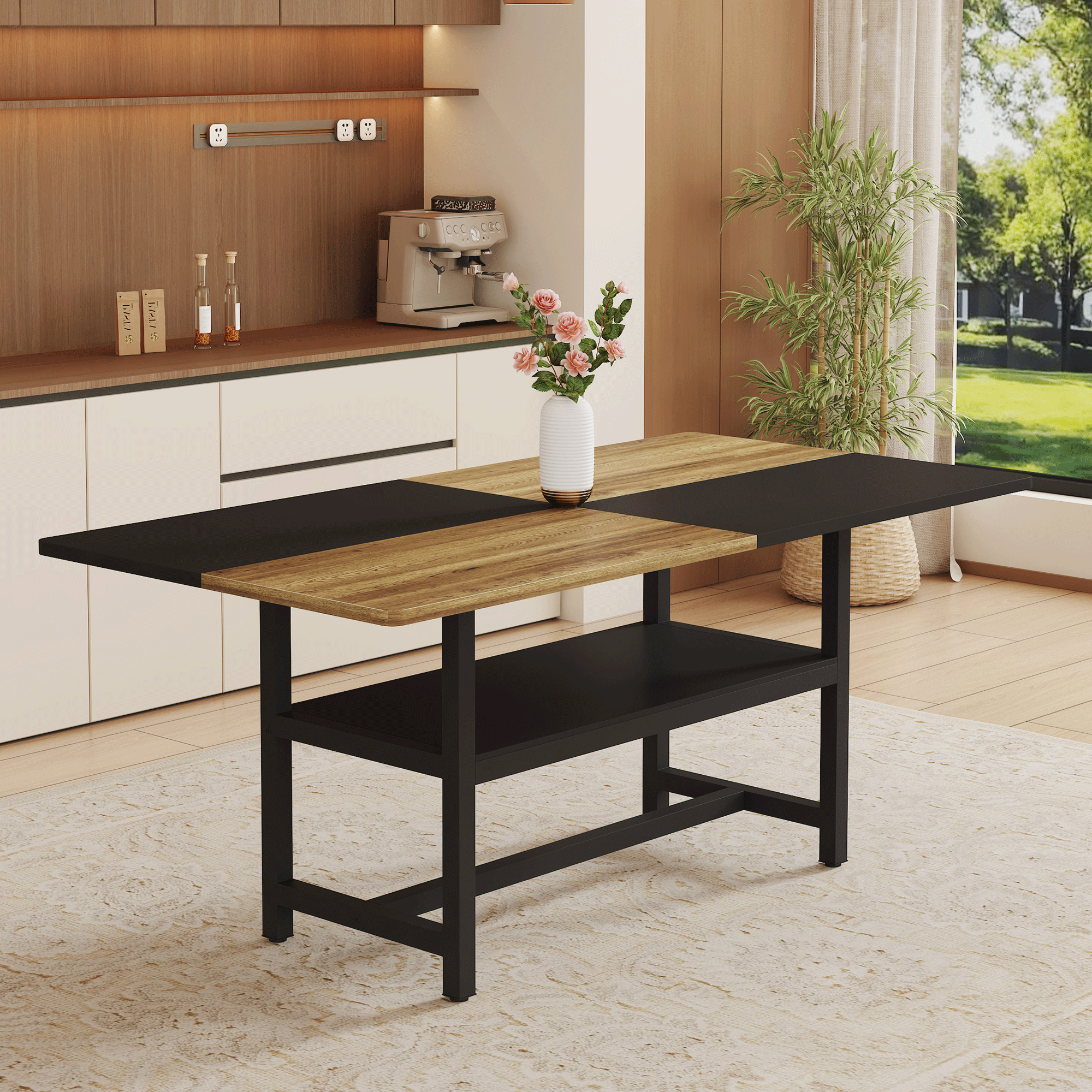 Multifunctional Dining Table 71  L X35.4  W X30  H, Two-Tone Spliced Top & 43.3  Storage Shelf, Ideal For Family Gatherings & Modern Spaces.