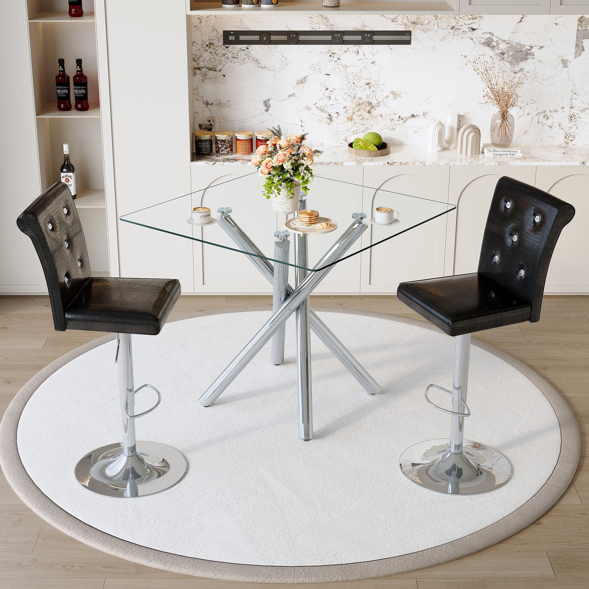 Modern Glass Bar Table And Adjustable Bar Stools Set Of 2, Contemporary Counter Height Pub Table With Chrome Legs, Black PU Leather Swivel Bar Chairs For Kitchen Island, Home Bar, Small Space