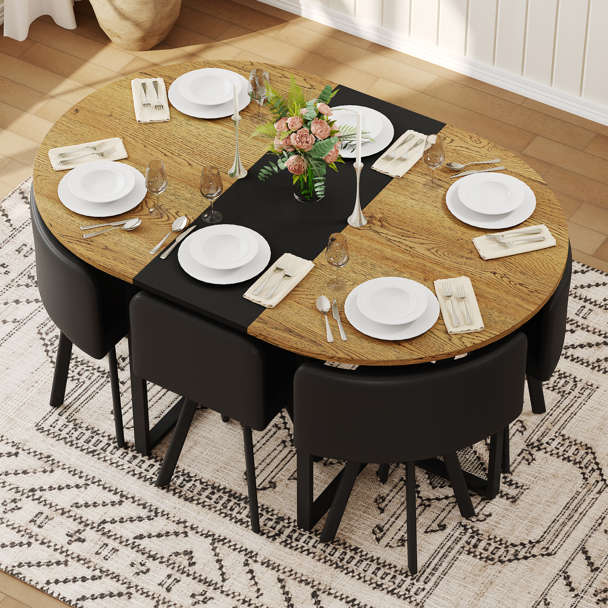 7-Piece Oval Dining Table Set, Fixed Wood Grain & Black Triamine Tabletop With 6 Black PU Leather Chairs, Modern Kitchen Table Set For 6 People, Ideal For Small Spaces, Apartment, Dining Room