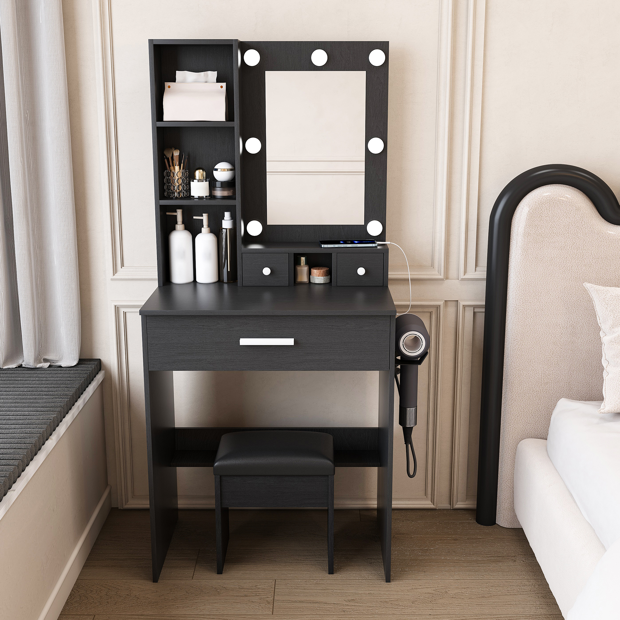 Vanity Table With Mirror & Adjustable LED Lights, Power Outlet, Hairdryer Holder & Stool -Compact Dressing Desk For Small Bedrooms Black