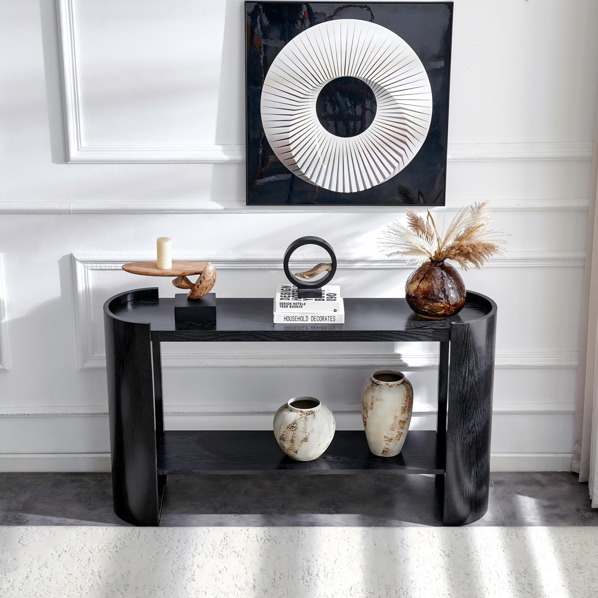 Double-layer Black Curved Foyer Table - Black Wood Grain Minimalist Entrance Small Space Living Room Sofa Side Table