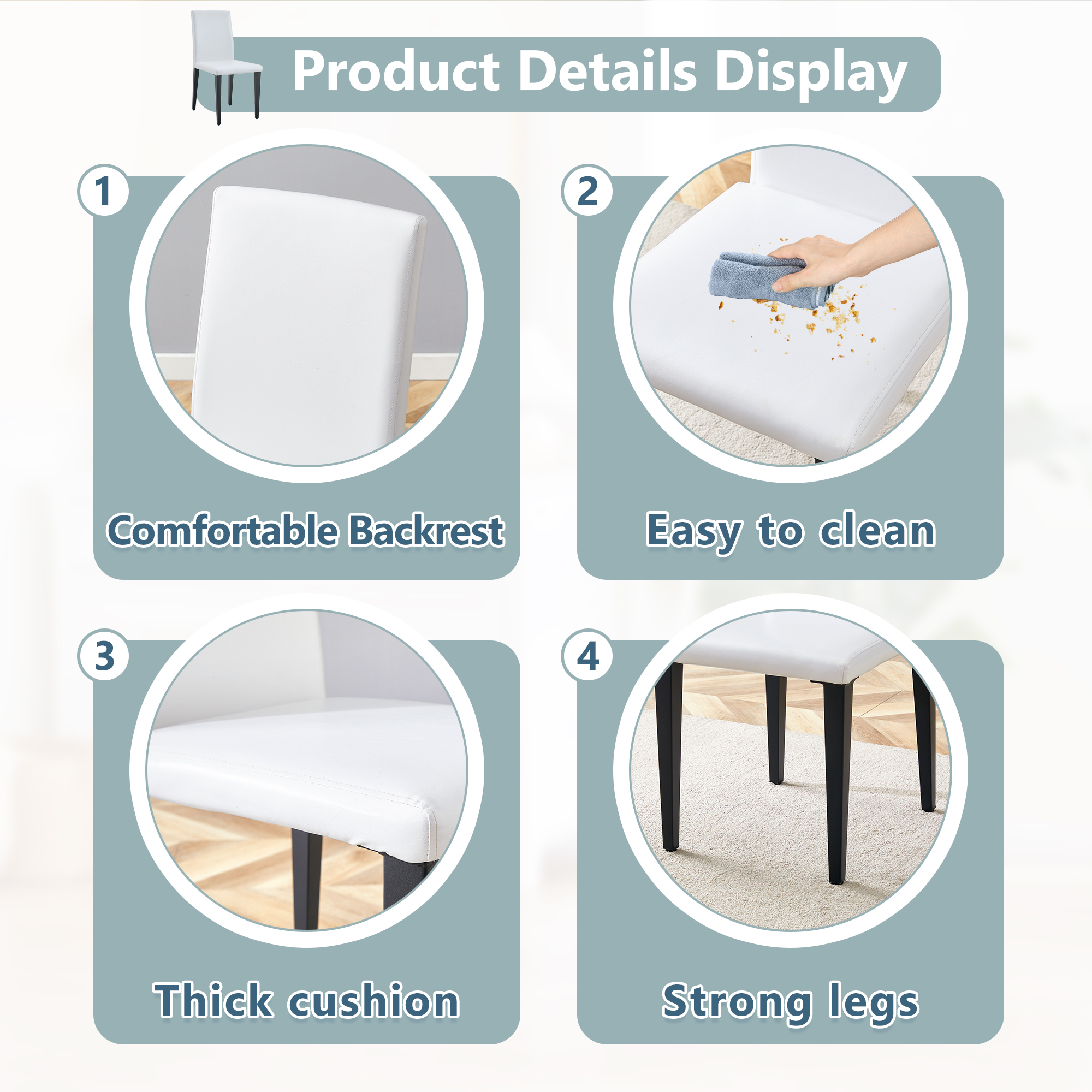 Set Of 4 White PU Dining Chairs 35.4  High, 18.5  Ergonomic Backrest, 17 X16  Sponge Seat, Perfect For Dining Room, Home Office & Living Space, Stylish & Comfortable.Black Metal Leg.
