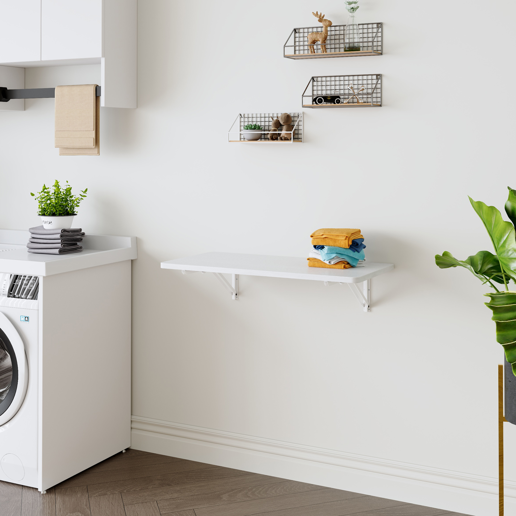 Wall Mounted Folding Table, Floating Desk For Laundry Room, Fold Down Table For Small Space, Foldable Wall Desk For Kitchen, Bathroom, Bedroom, White