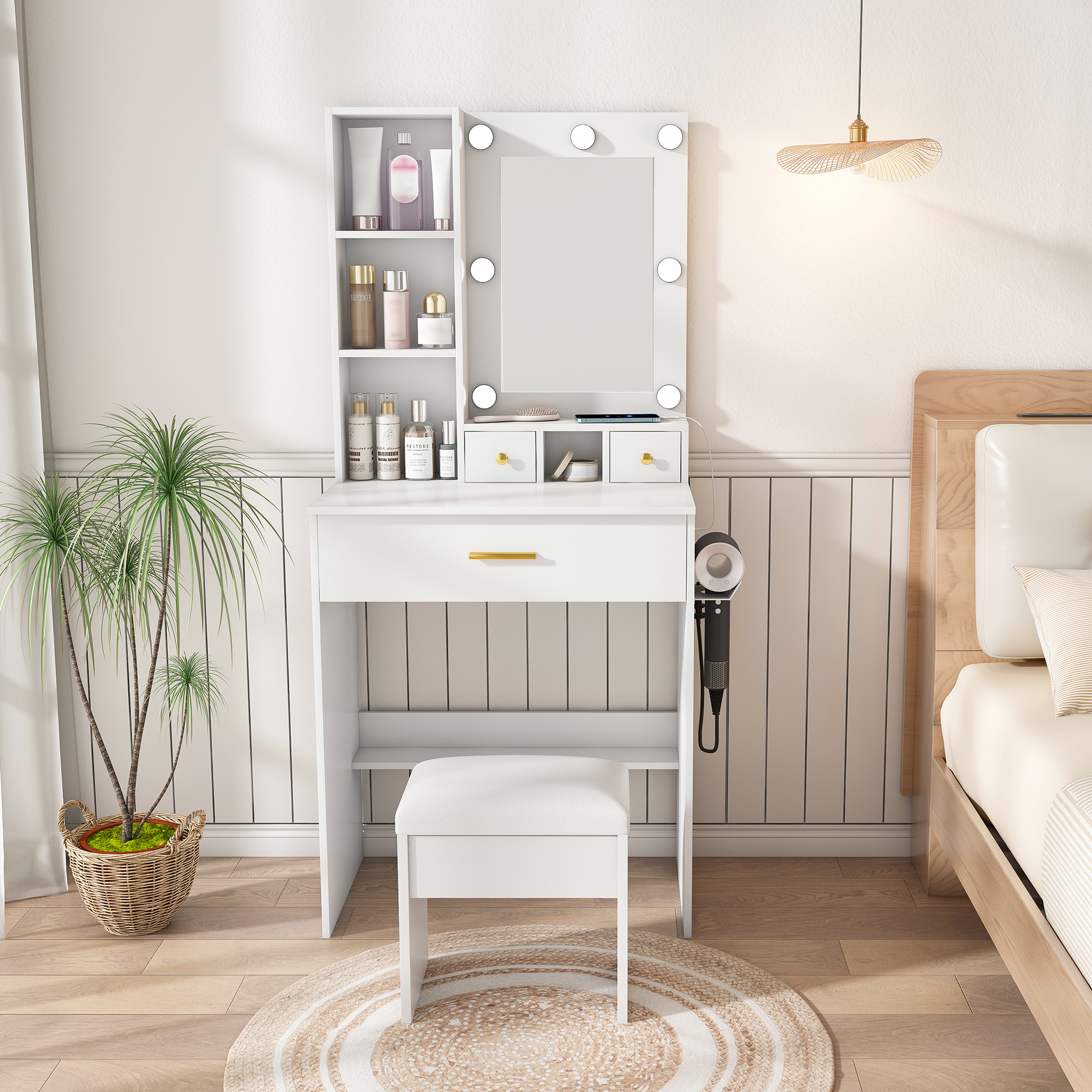 Vanity Table With Mirror & Adjustable LED Lights, Power Outlet, Hairdryer Holder & Stool -Compact Dressing Desk For Small Bedrooms White