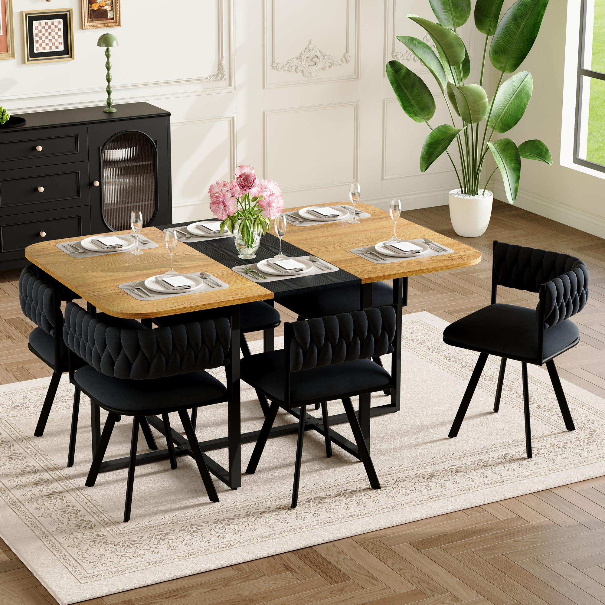 7-Piece Rectangular Dining Table Set, Fixed Two-Tone Wood Grain & Black Triamine Tabletop With 6 Black Velvet Chairs, Modern Kitchen Table Set For 6 People, Ideal For Small Spaces, Apartment