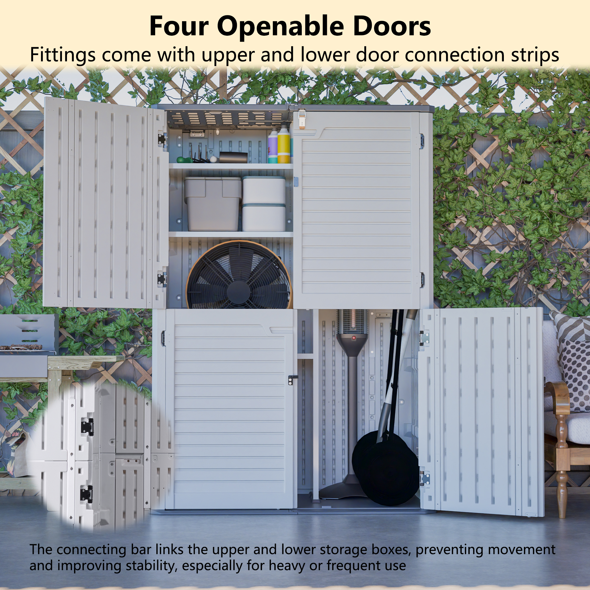 Rust Proof Resin Garden Equipment Storage With Partitions - Weatherproof, Spacious, UV Resistant Material