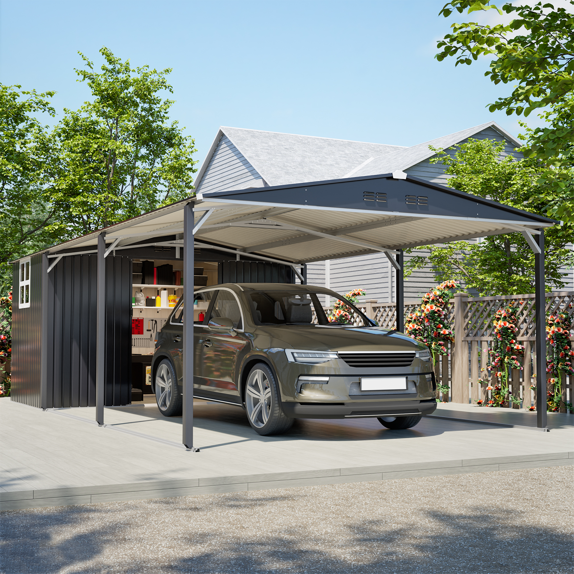 12'x23' Metal Carport Storage Shed, Heavy Duty Steel Garage With Sliding Door, UV Panel & Waterproof Sloped Roof, Reinforced Structure For Car Boat Tractor Farm - Grey
