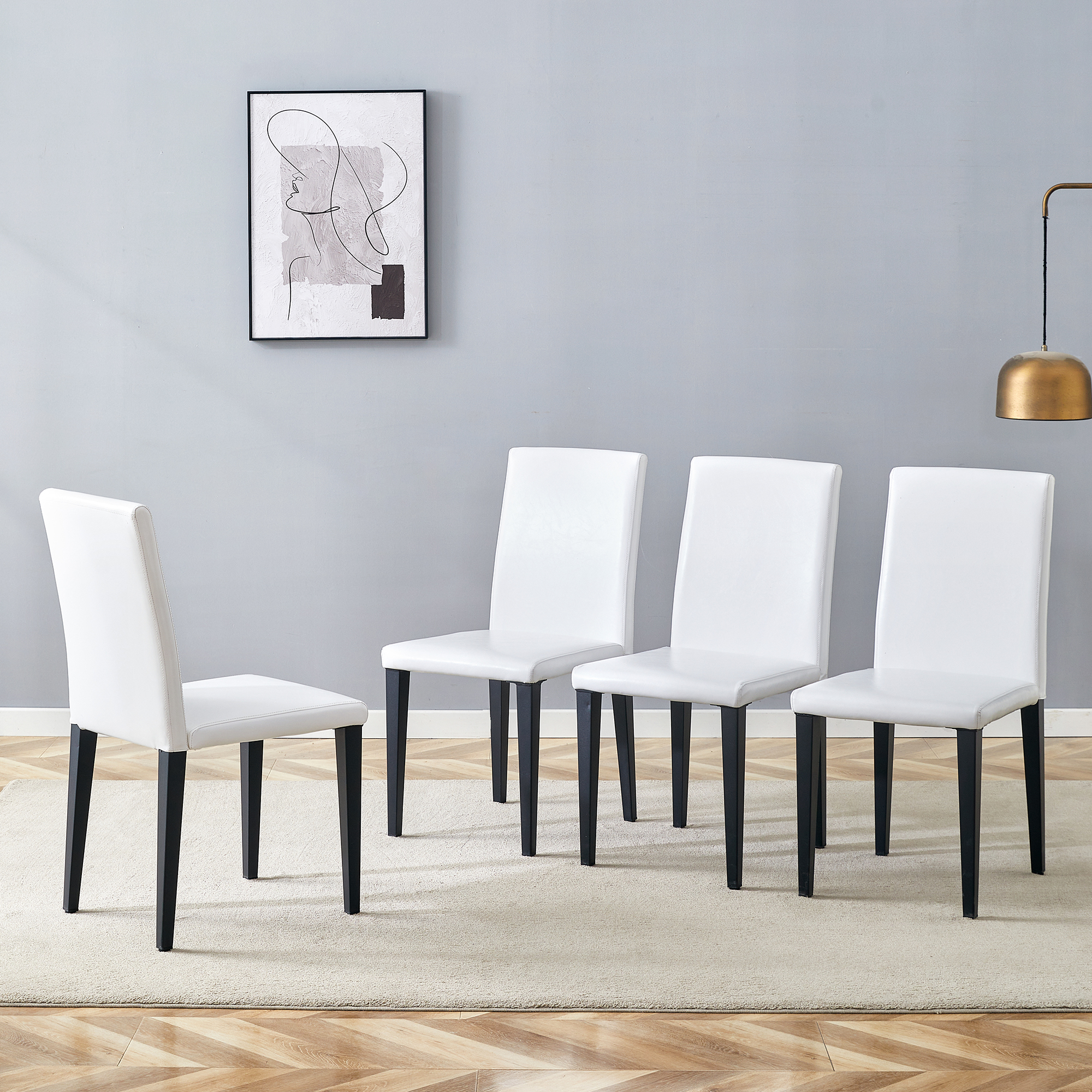 Set Of 4 White PU Dining Chairs 35.4  High, 18.5  Ergonomic Backrest, 17 X16  Sponge Seat, Perfect For Dining Room, Home Office & Living Space, Stylish & Comfortable.Black Metal Leg.