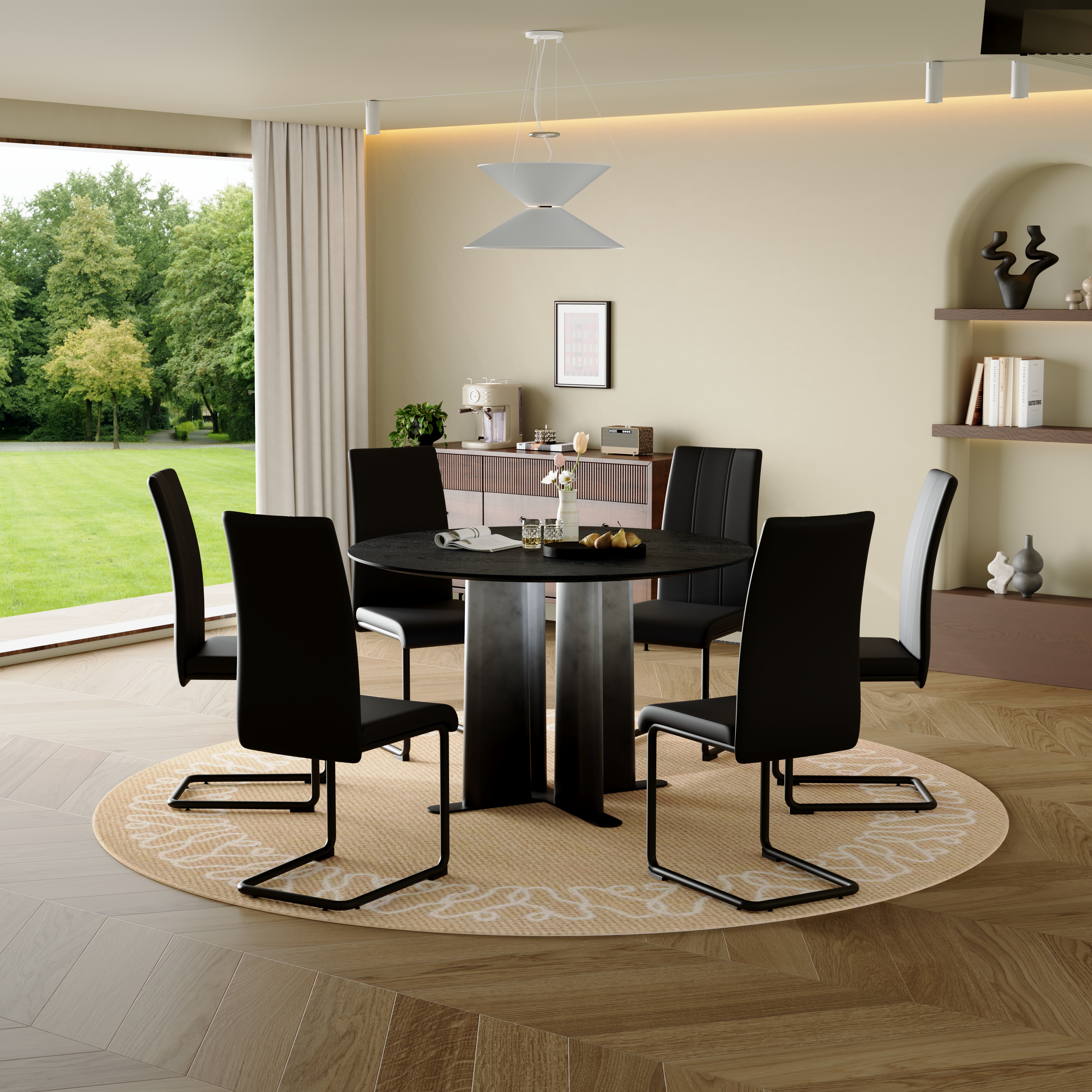 Round Black Wood Grain MDF Dining Table, Black & White Gradient Legs With Cross Base, Compact 2-4 Person Kitchen Table For Small Spaces Modern Dining Room Furniture