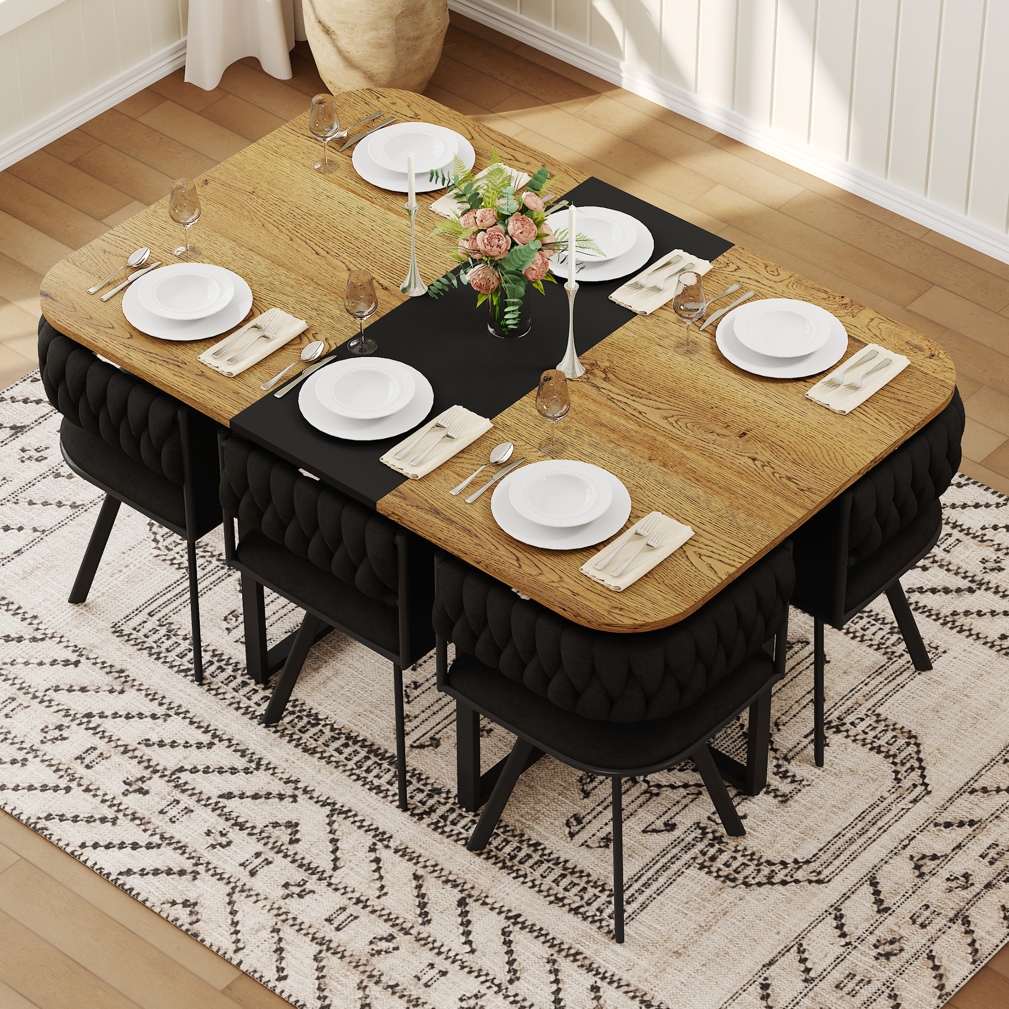 7-Piece Dining Table Set For 6, 1 Table & 6 Black Velvet Upholstered Chairs, Black & Wood Grain Melamine Table, Modern Tufted Kitchen Nook Set For Dining Room, Apartment & Small Space