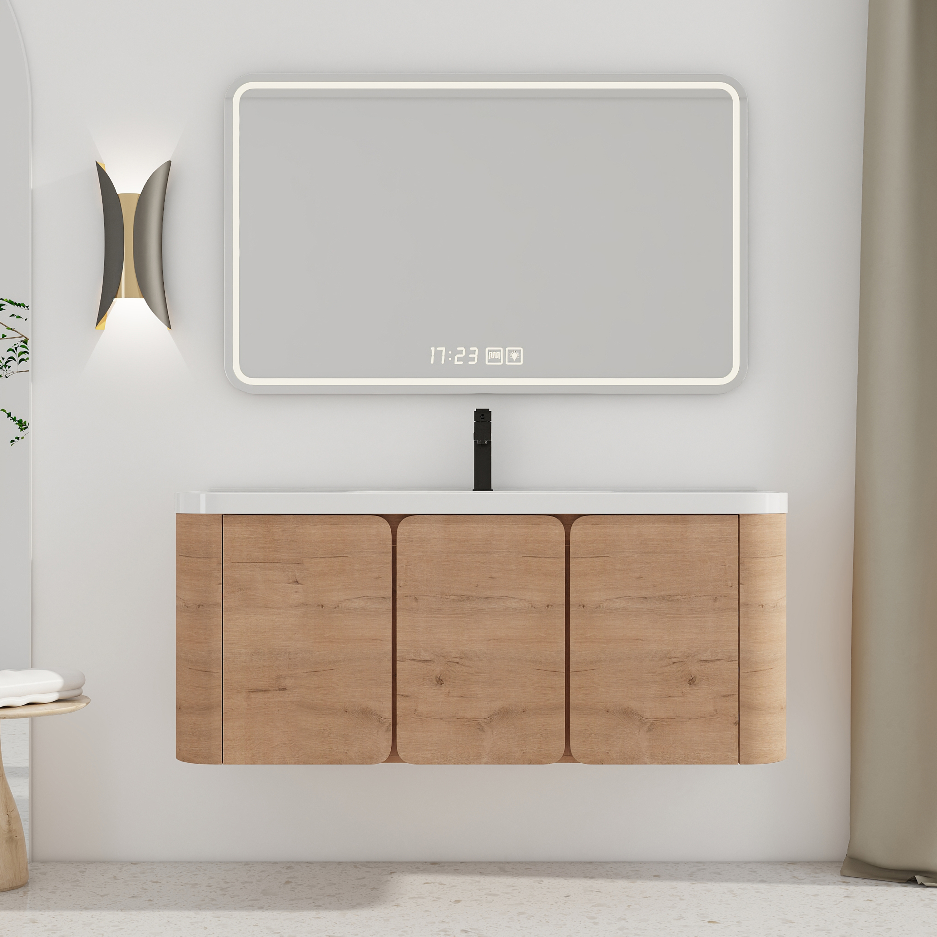 48'' Wall-Mounted Bathroom Vanity With White Resin Sink & 3-Soft-Close Door, KD-Packing, Plywood, Imitative Oak