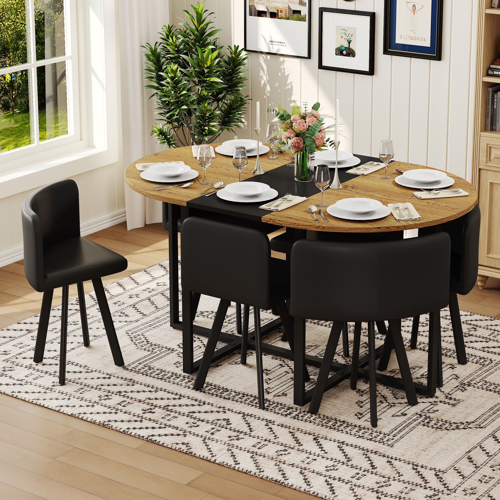 7-Piece Oval Dining Table Set, Fixed Wood Grain & Black Triamine Tabletop With 6 Black PU Leather Chairs, Modern Kitchen Table Set For 6 People, Ideal For Small Spaces, Apartment, Dining Room