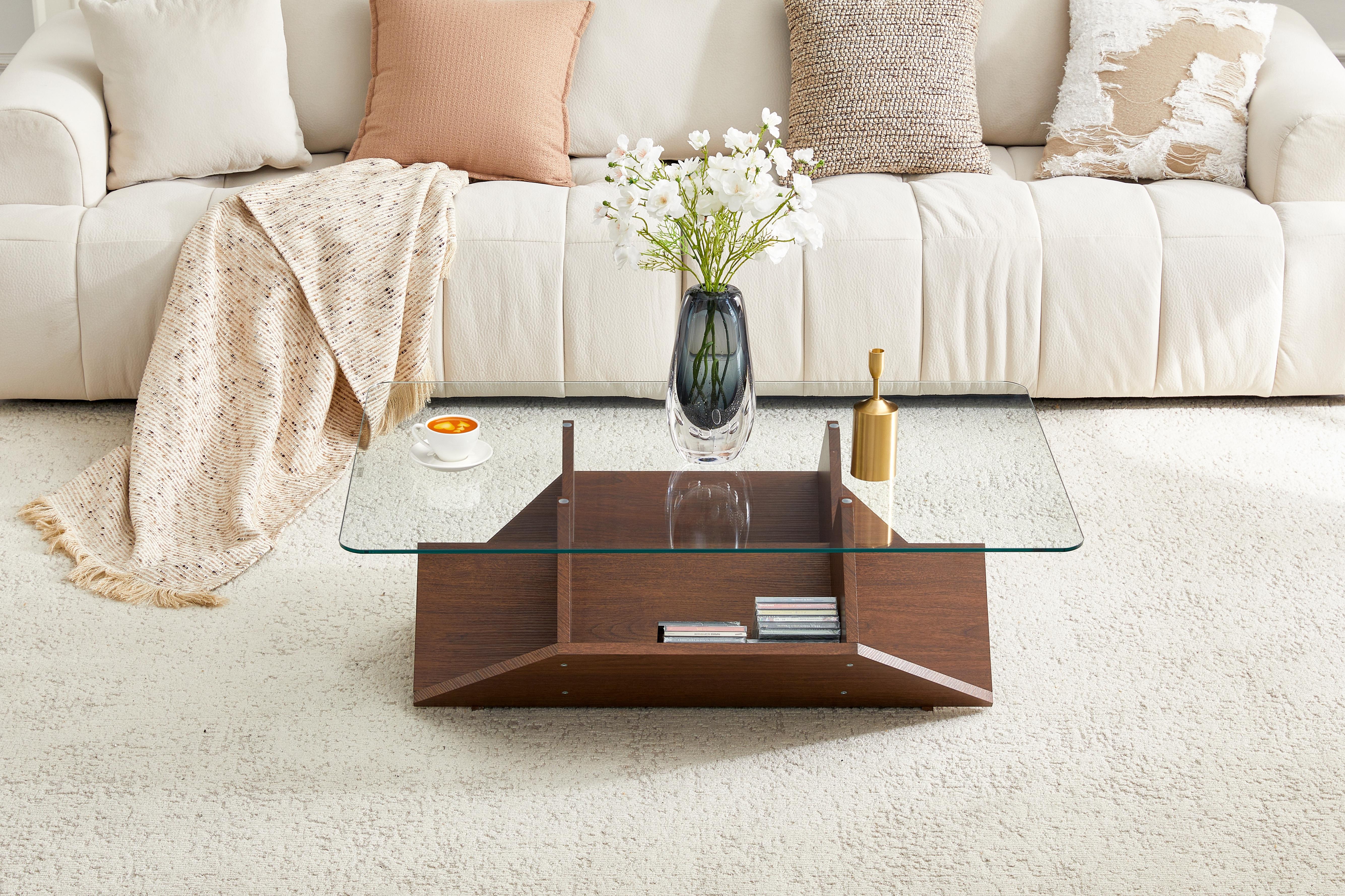 Multi-Storage Tempered Glass & MDF Coffee Table, Walnut Finish Coffee Table With Spacious Compartments For Daily Essentials, Modern Living Room Office Coffee Table