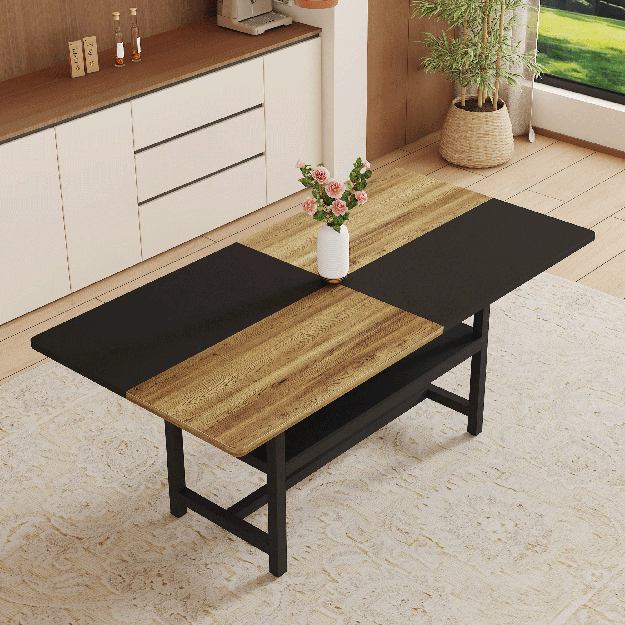 Multifunctional Dining Table 71  L X35.4  W X30  H, Two-Tone Spliced Top & 43.3  Storage Shelf, Ideal For Family Gatherings & Modern Spaces.