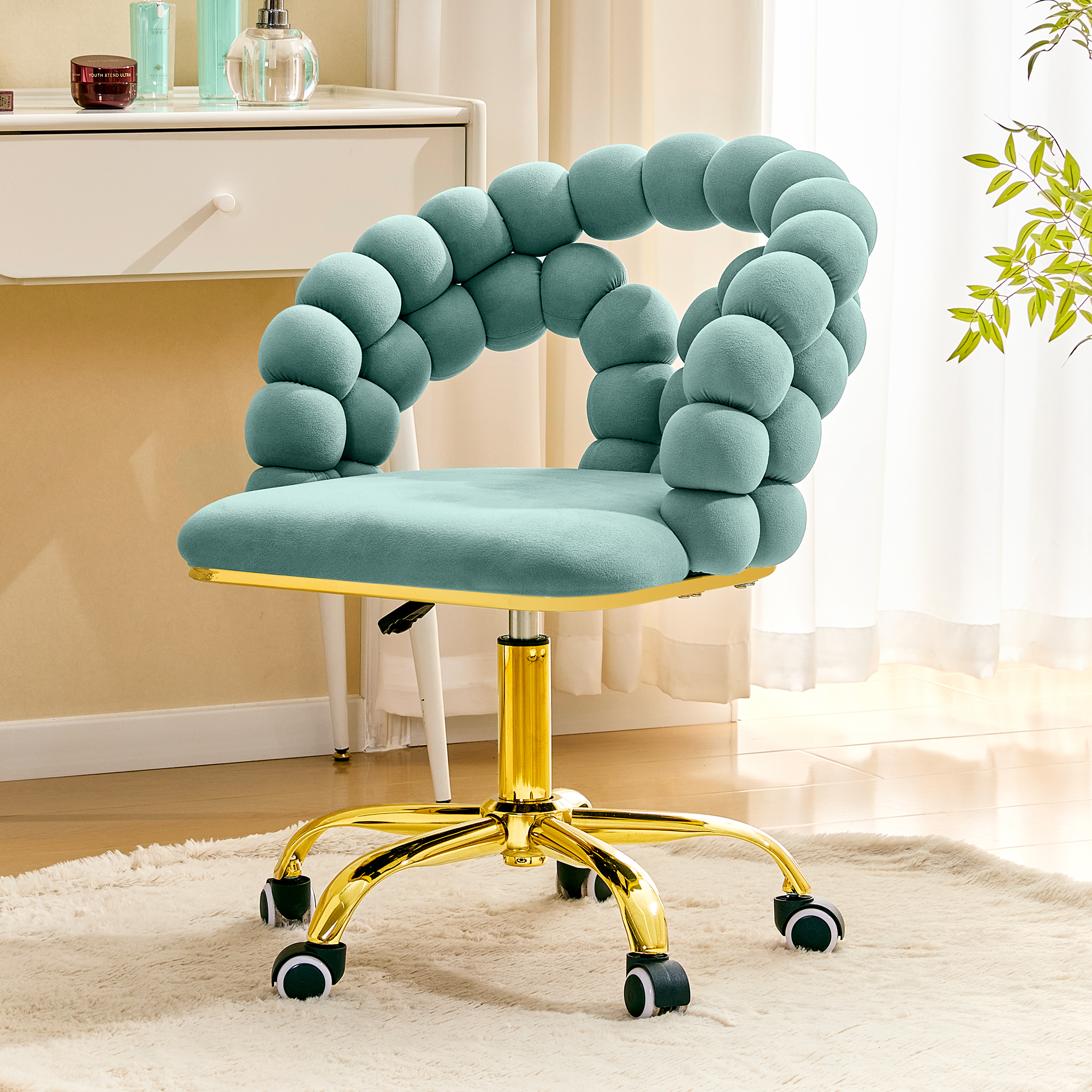 Modern Velvet Adjustable Swivel Desk Chair With Bubble Back, Upholstered Vanity Chair With Gold Metal Base, Rolling Office Chair For Home Office, Bedroom, Makeup Room, Teal  Set Of 1