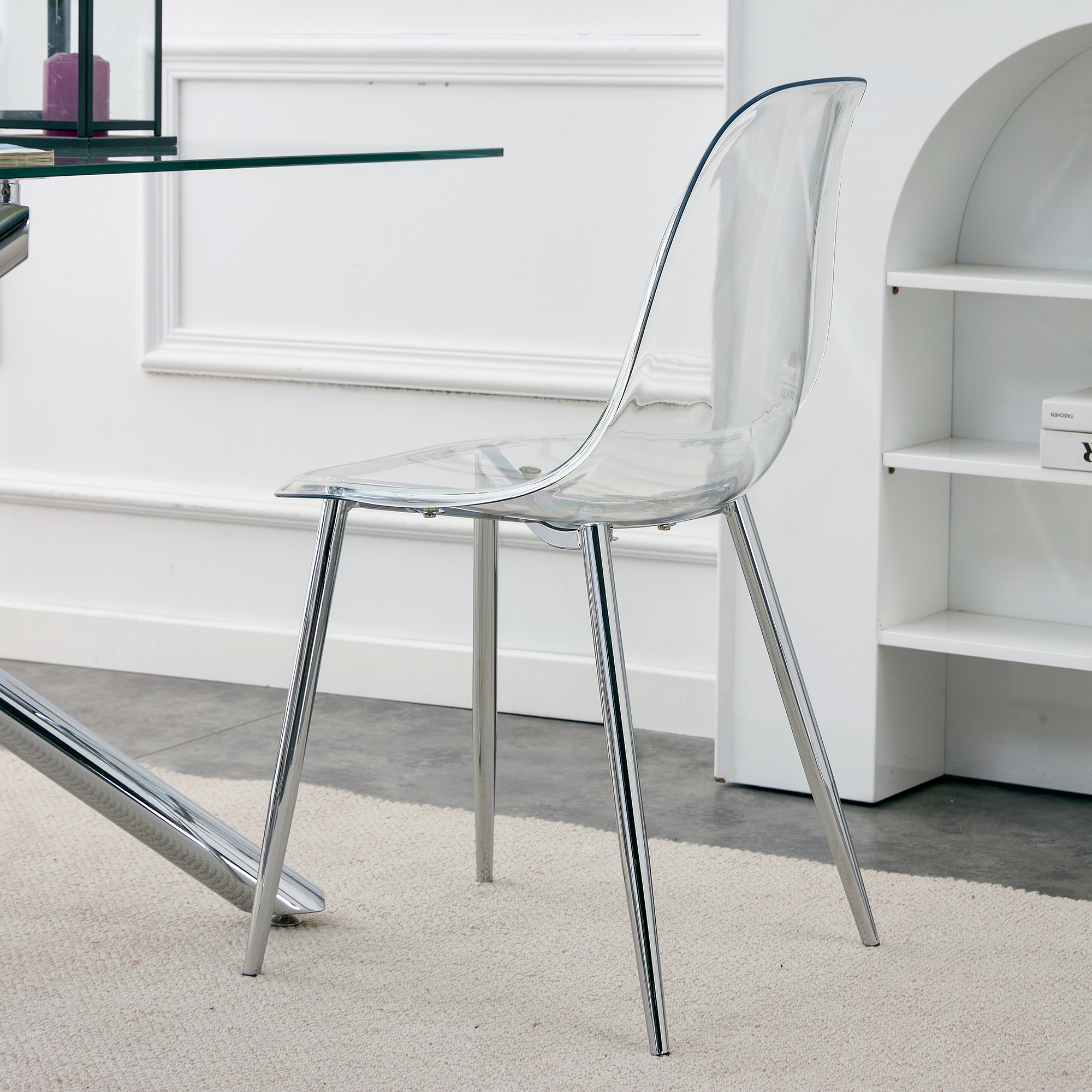 Modern Minimalist Transparent Dining Chair, Plastic Chair, Armless Crystal Chair, Nordic Creative Makeup Stool, Negotiation Chair, Silver Plated Metal Leg 6-piece Set, TW-1200