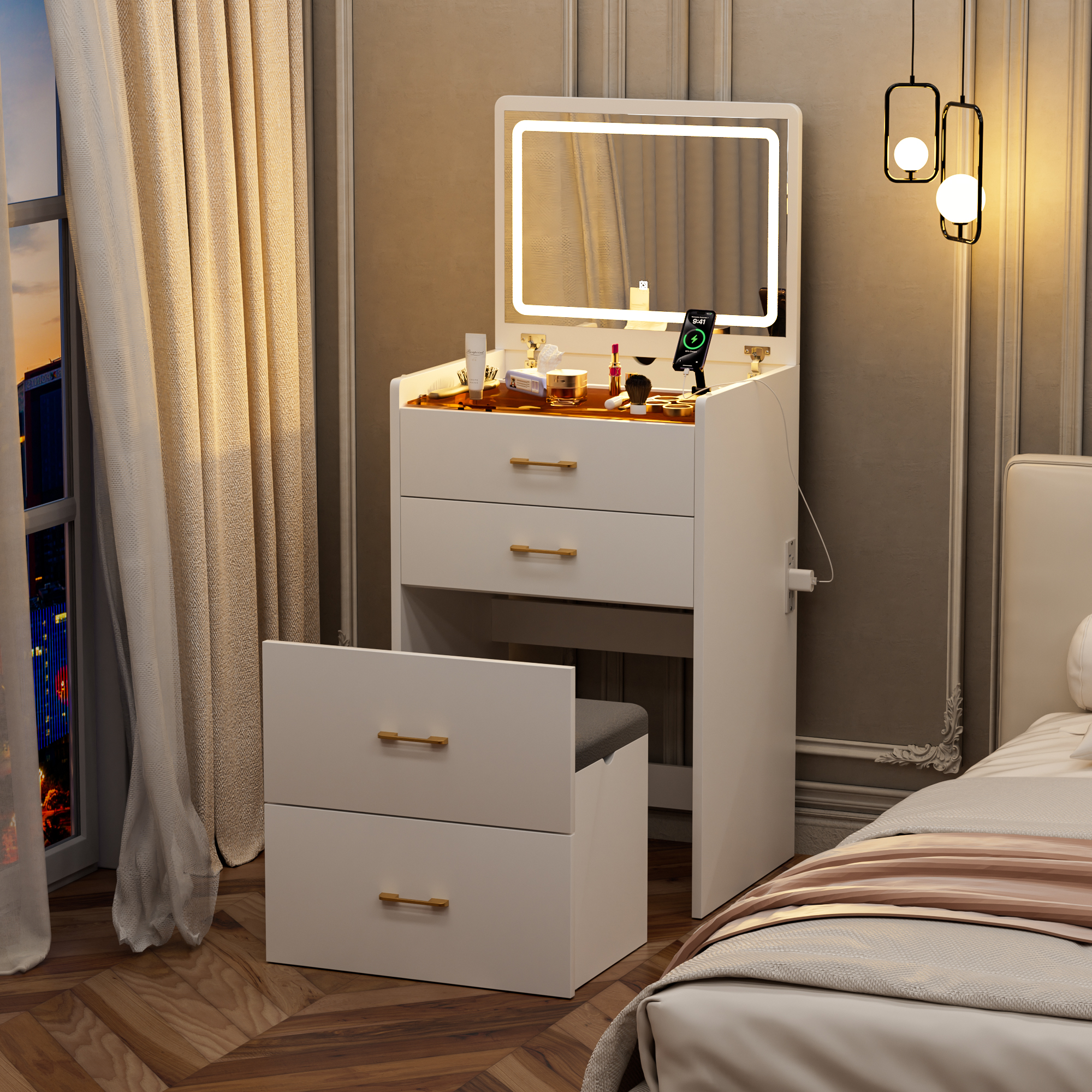 3 In 1 Vanity Desk With Open Top Mirror,Make Up Vanity Set With Visible Glass Desktop,Compact Makeup Vanity With 3 Drawers And Stool,Dressing Table For Bedroom