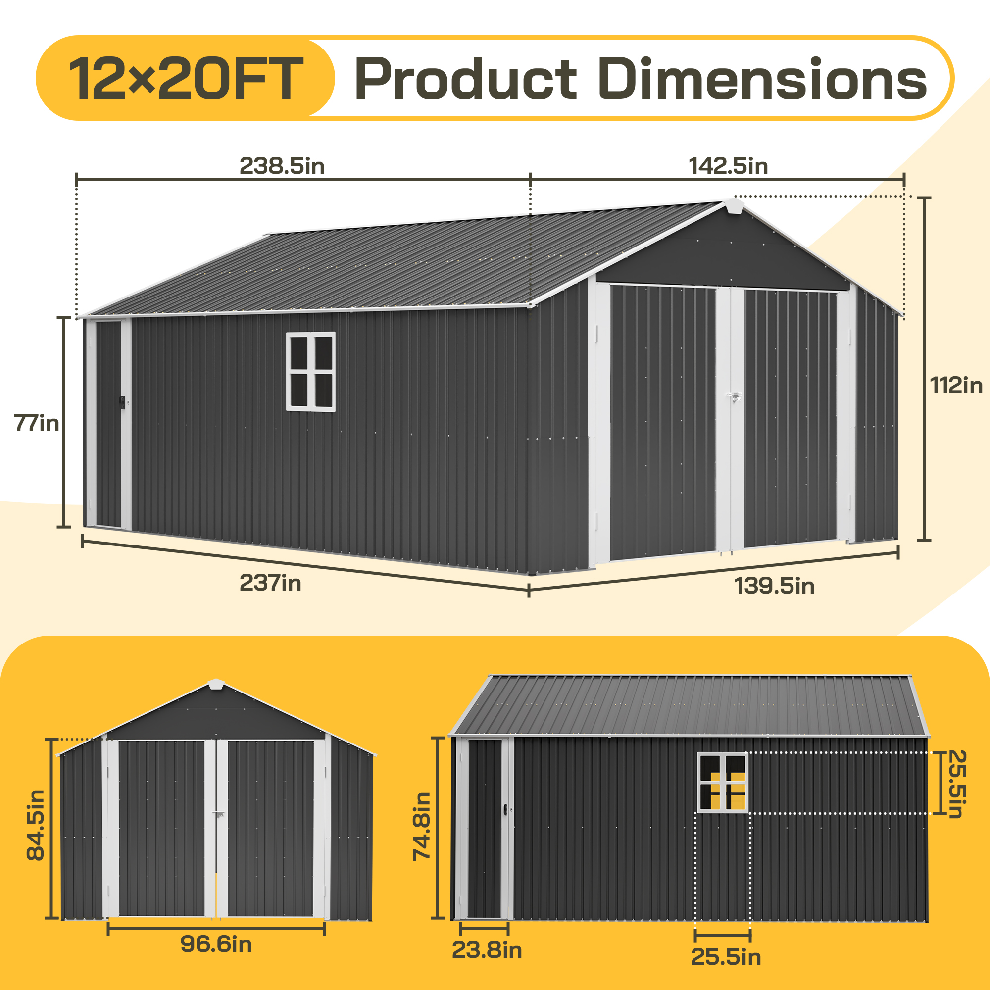 12x20 FT Shed Outdoor Metal Garage Shed With Spacious 1810 CUFT Capacity, Durable Double-Door Design, All-Weather Protection For Secure Vehicle And Equipment Storage