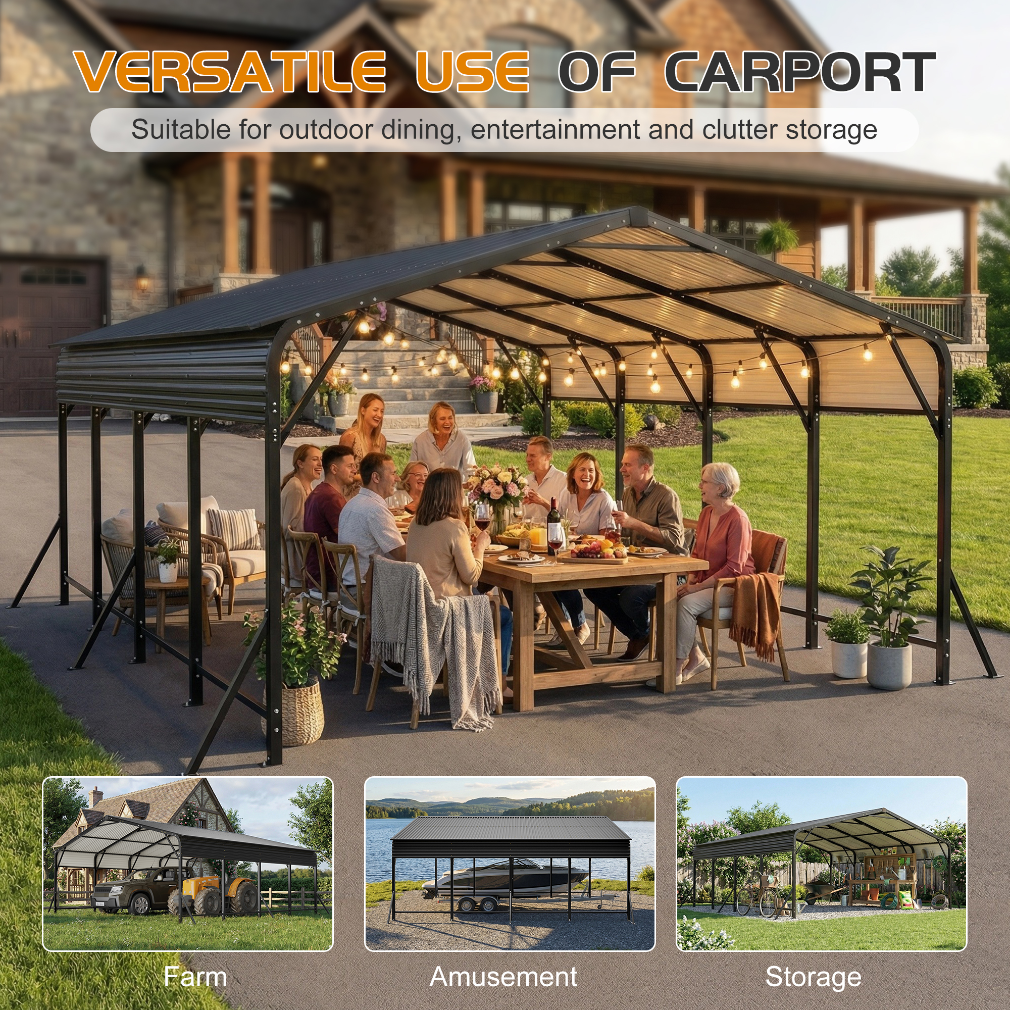 20'x20' Galvanized Steel Carport Canopy, Heavy Duty Triangle Reinforced Frame, UV-Proof Waterproof Roof, Large Capacity For Car, SUV, Boat, Tractor