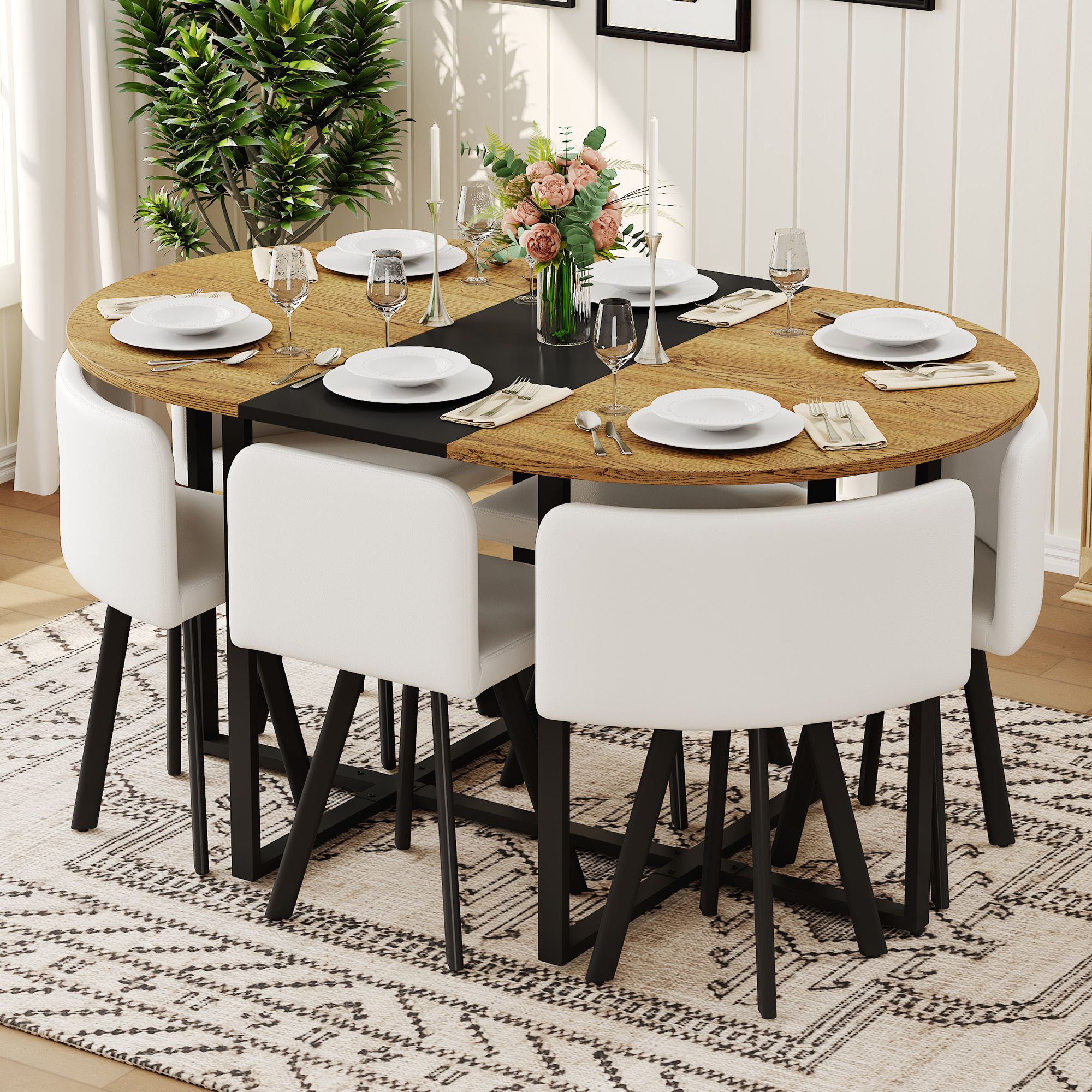 7-Piece Oval Dining Table Set, Fixed Wood Grain & Black Triamine Tabletop With 6 White PU Leather Chairs, Modern Kitchen Table Set For 6 People, Ideal For Small Spaces, Apartment, Dining Room