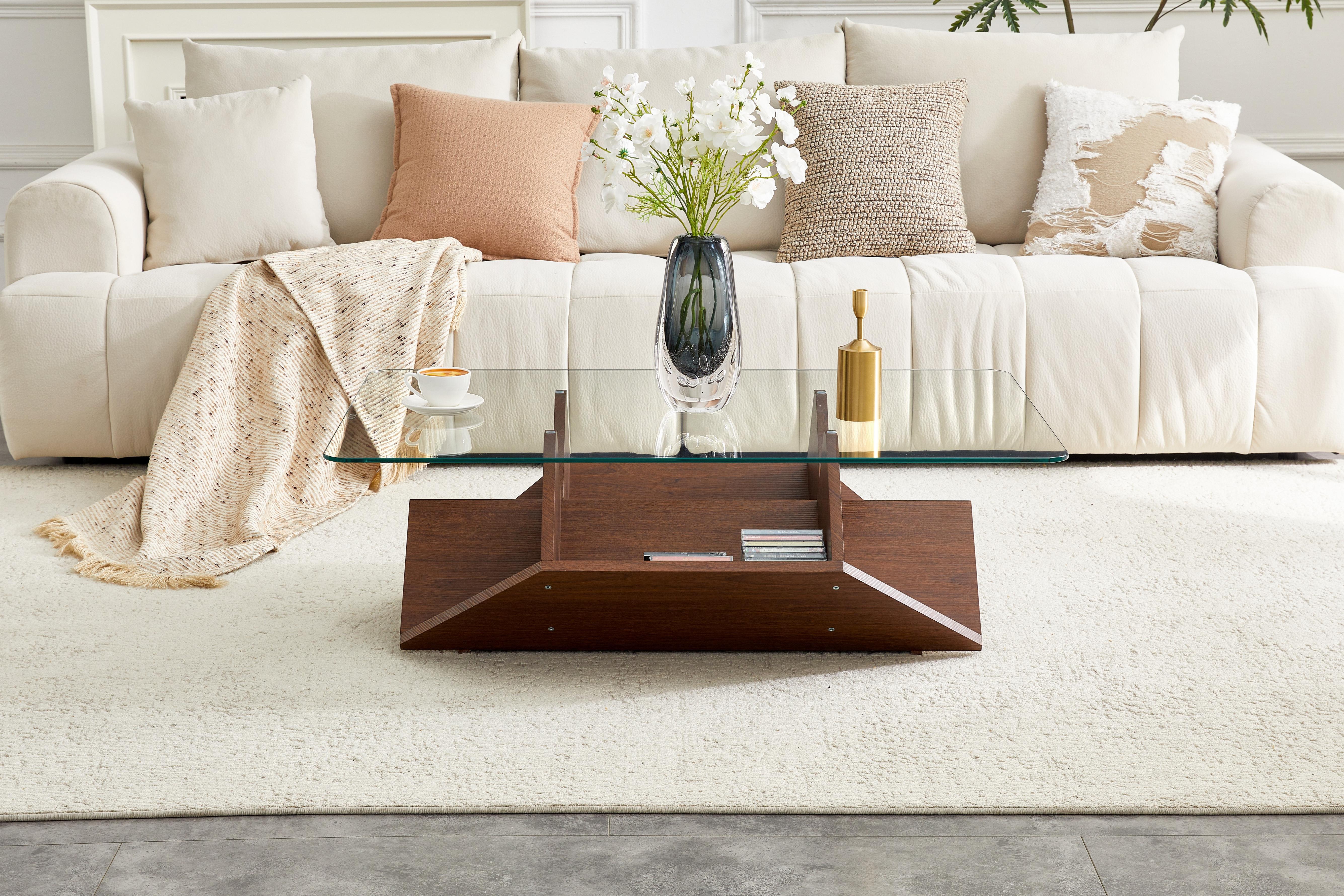 Multi-Storage Tempered Glass & MDF Coffee Table, Walnut Finish Coffee Table With Spacious Compartments For Daily Essentials, Modern Living Room Office Coffee Table
