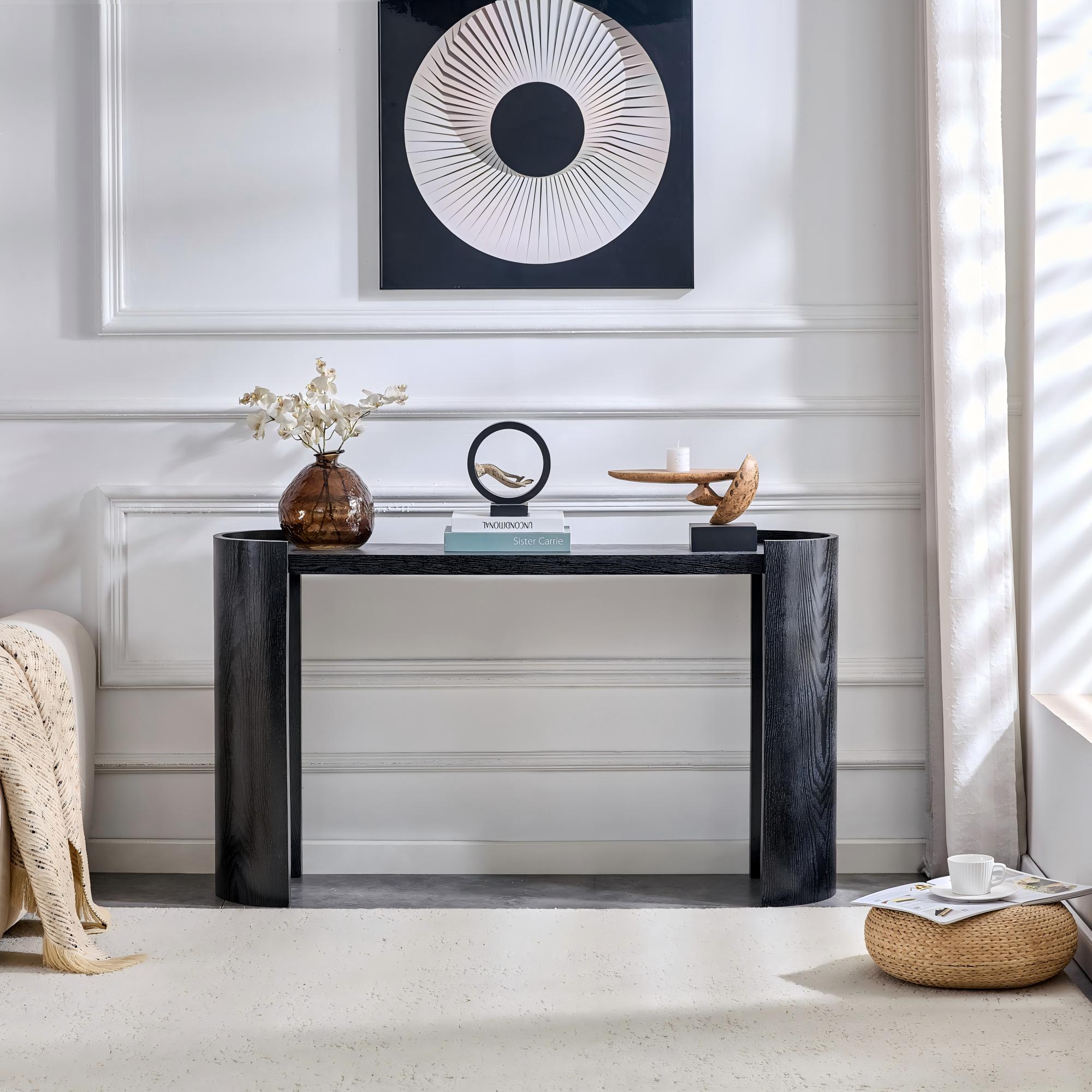 Black Curved Foyer Table - Black Wood Grain Minimalist Entrance Small Space Living Room Sofa Side Table