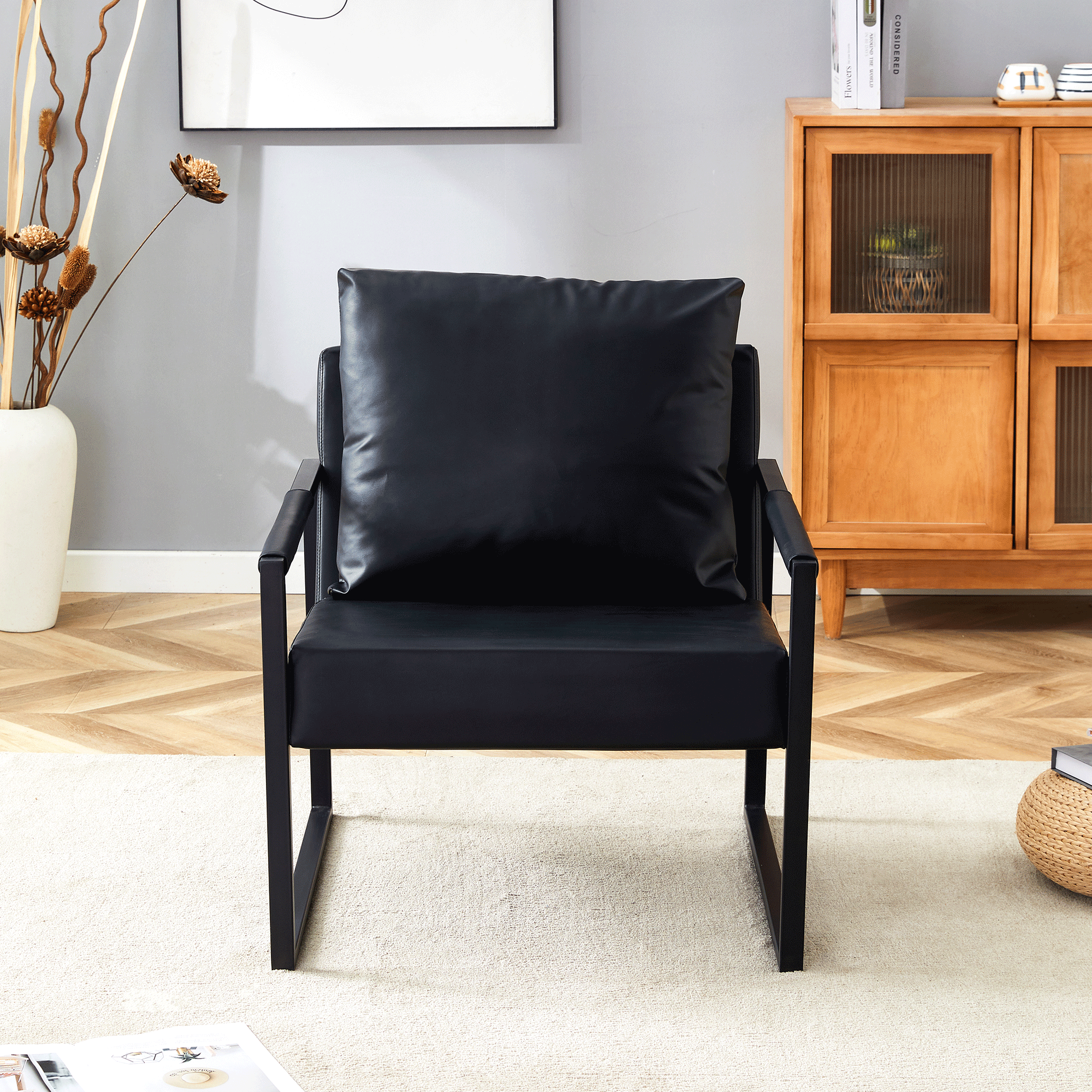 Set Of 1 Classic Black PU Leather And Metal Frame Sofa -Ergonomically Designed, A Perfect Blend Of Modern And Industrial Styles