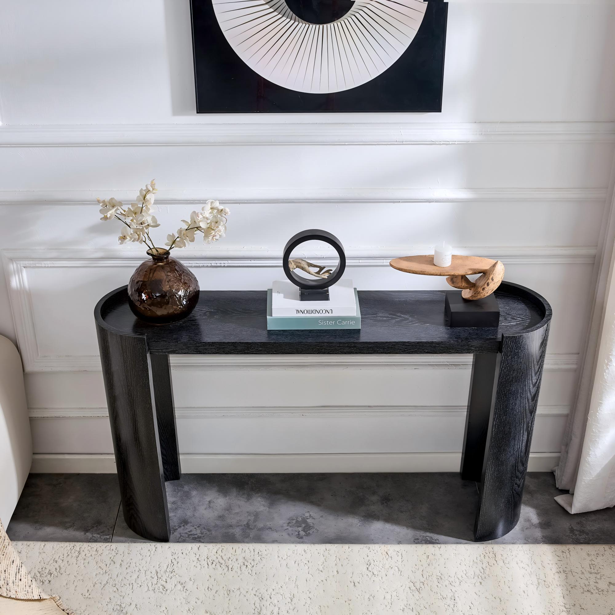 Black Curved Foyer Table - Black Wood Grain Minimalist Entrance Small Space Living Room Sofa Side Table