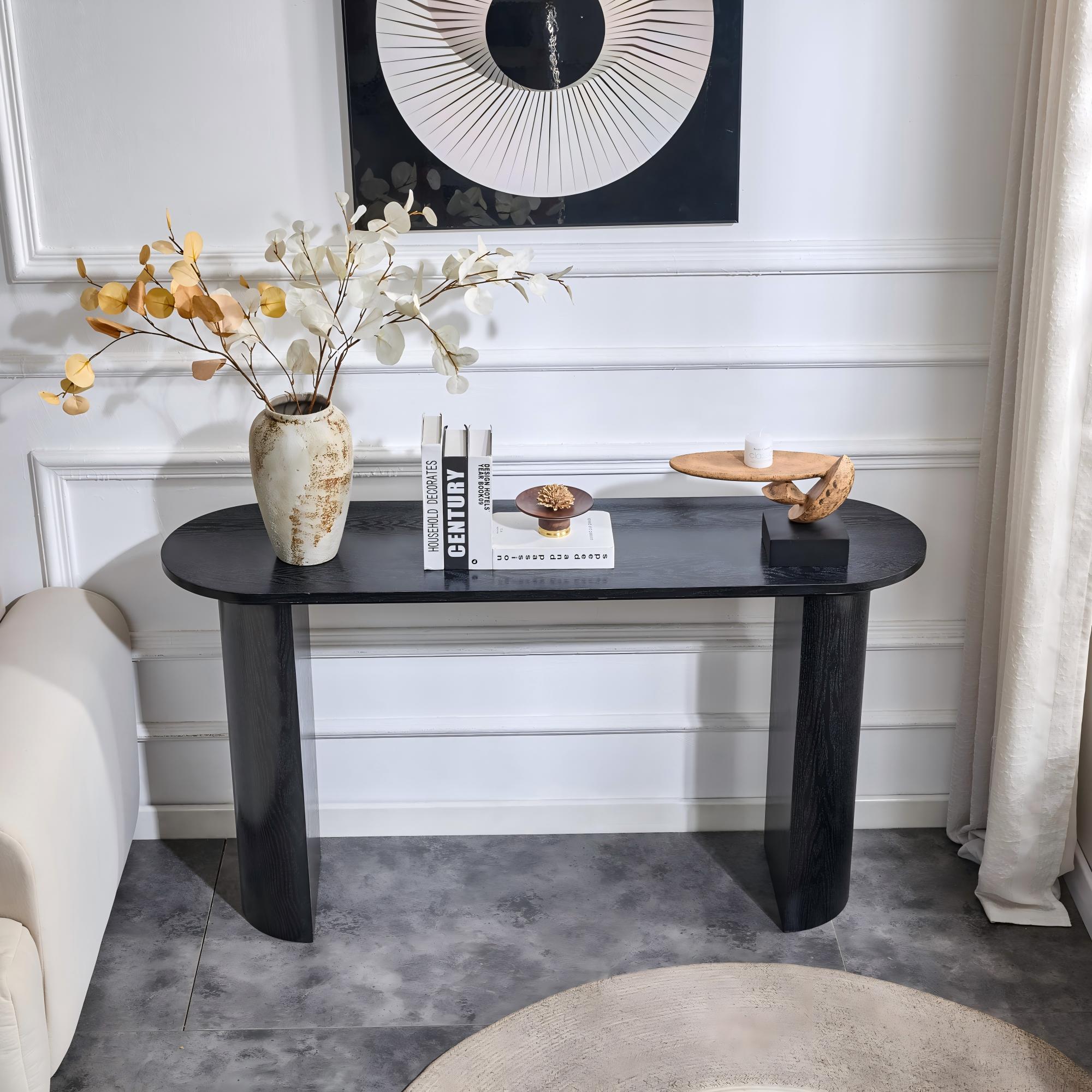 Black Curved Foyer Table - Black Wood Grain Minimalist Entrance Small Space Living Room Sofa Side Table