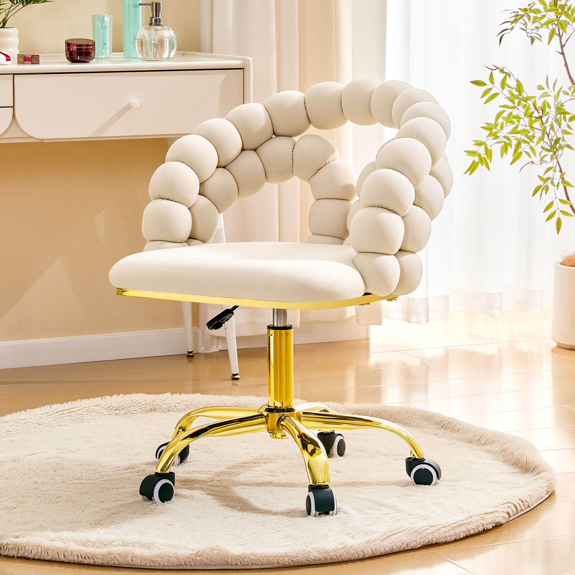 Modern Velvet Adjustable Swivel Desk Chair With Bubble Back, Upholstered Vanity Chair With Gold Metal Base, Rolling Office Chair For Home Office, Bedroom, Makeup Room, Beige  Set Of 1