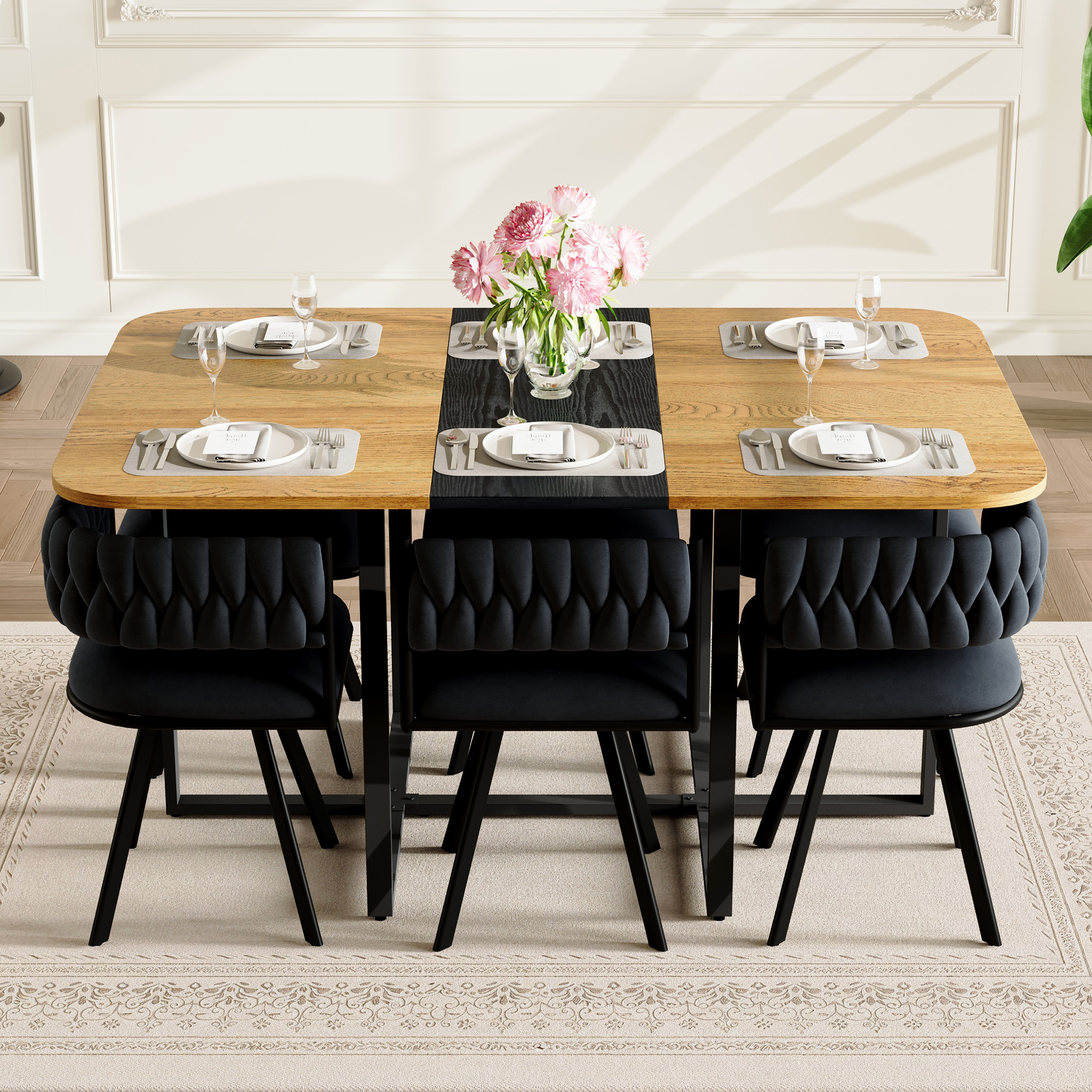 7-Piece Rectangular Dining Table Set, Fixed Two-Tone Wood Grain & Black Triamine Tabletop With 6 Black Velvet Chairs, Modern Kitchen Table Set For 6 People, Ideal For Small Spaces, Apartment