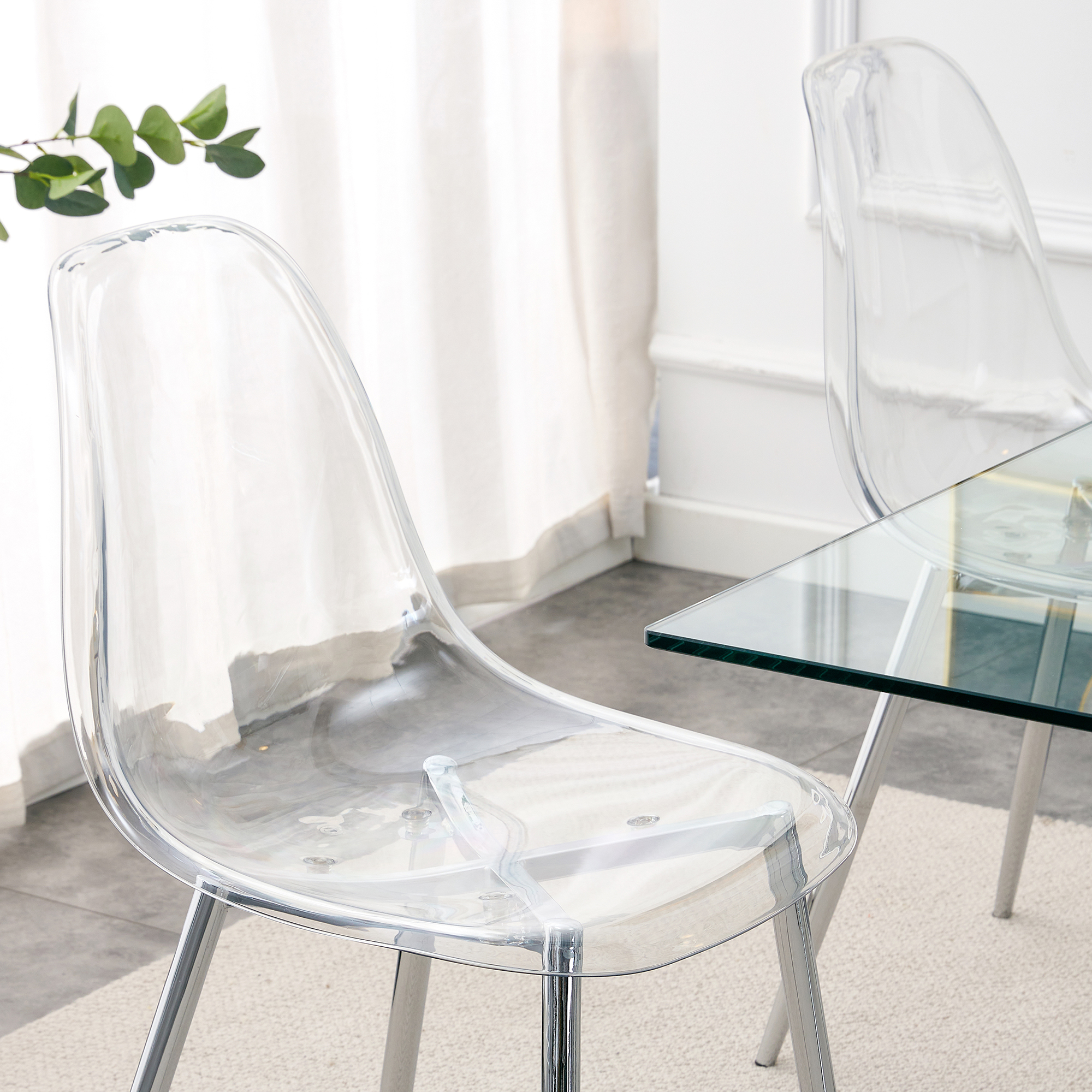 Modern Minimalist Transparent Dining Chair, Plastic Chair, Armless Crystal Chair, Nordic Creative Makeup Stool, Negotiation Chair, Silver Plated Metal Leg 6-piece Set, TW-1200