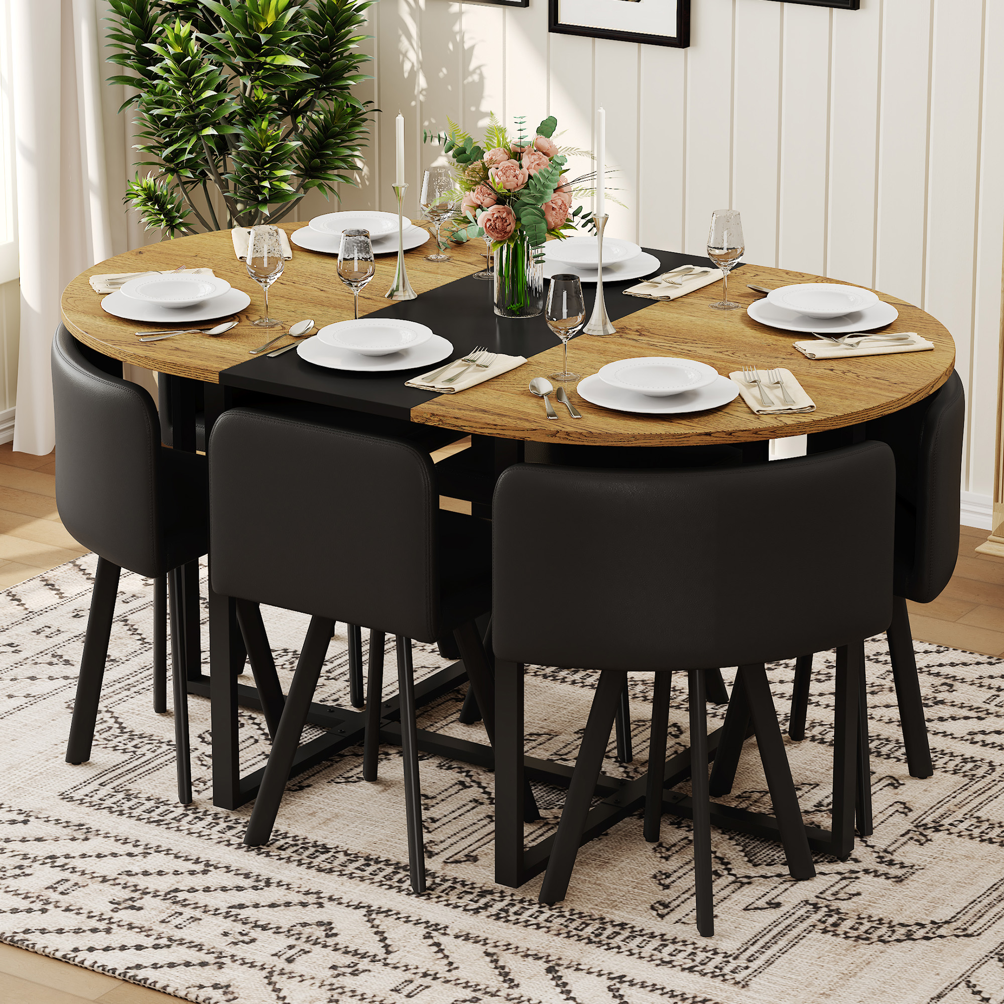 7-Piece Oval Dining Table Set, Fixed Wood Grain & Black Triamine Tabletop With 6 Black PU Leather Chairs, Modern Kitchen Table Set For 6 People, Ideal For Small Spaces, Apartment, Dining Room