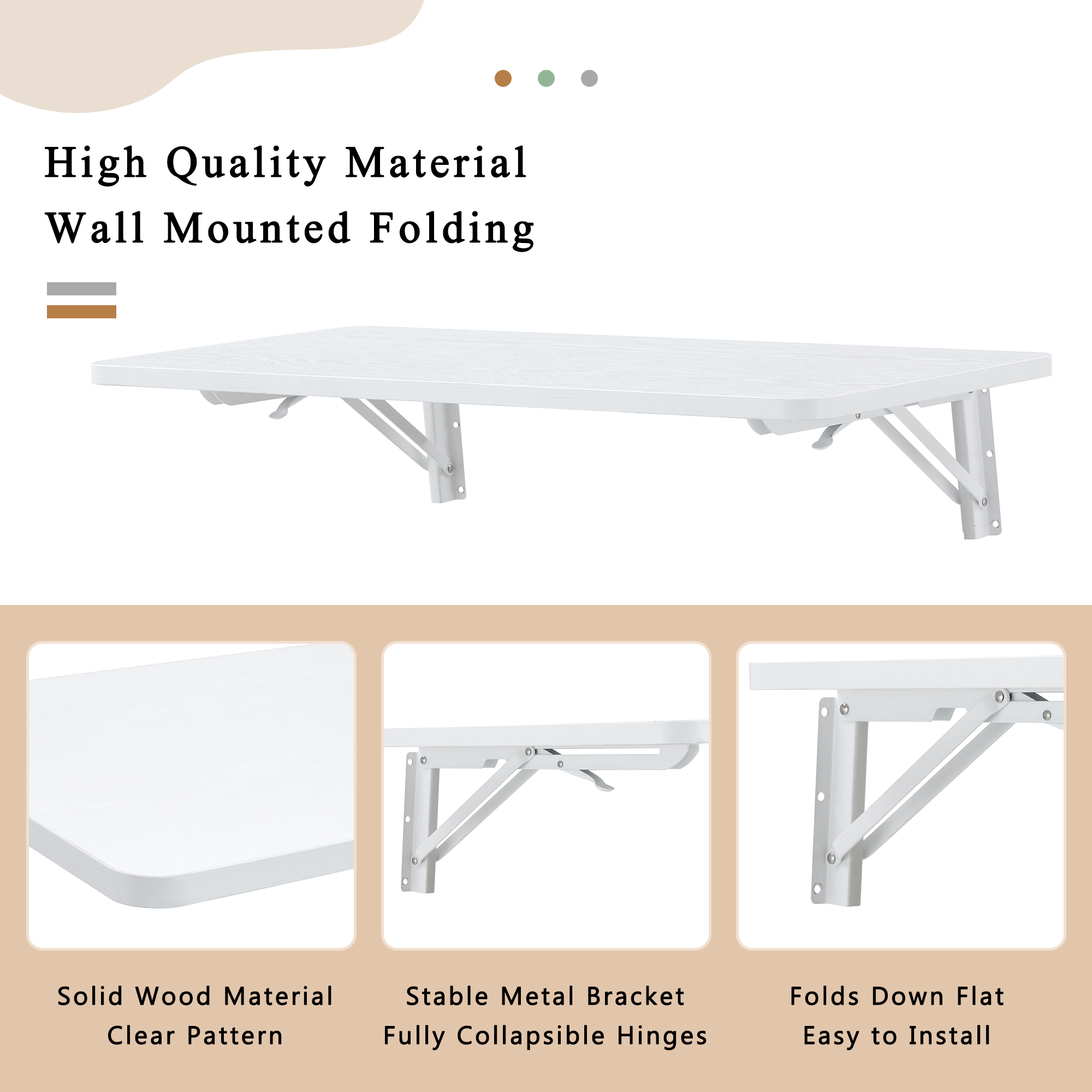 Wall Mounted Folding Table, Floating Desk For Laundry Room, Fold Down Table For Small Space, Foldable Wall Desk For Kitchen, Bathroom, Bedroom, White