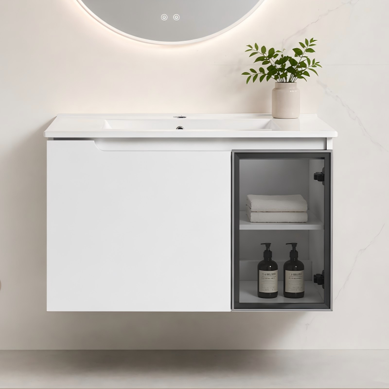 30  Wall-Mounted Bathroom Vanity With Ceramic Sink, 2-Soft Close Doors,Glossy White Vanity & Grey Glass 1 2 Door, Plywood  KD-Packing