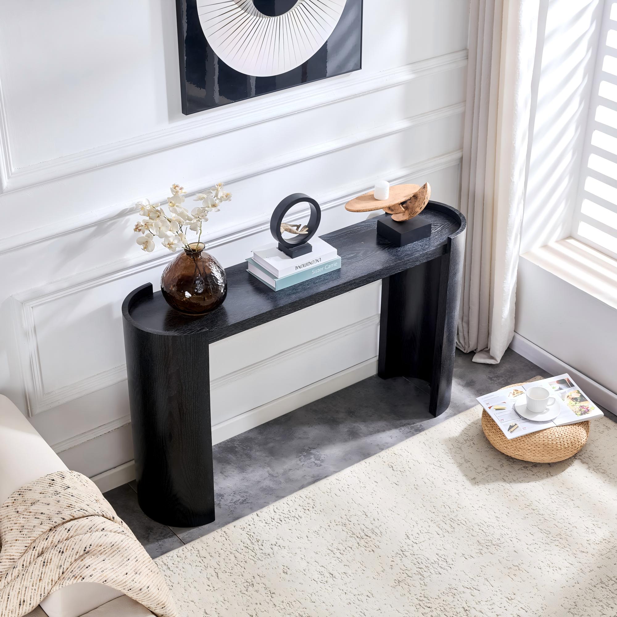 Black Curved Foyer Table - Black Wood Grain Minimalist Entrance Small Space Living Room Sofa Side Table