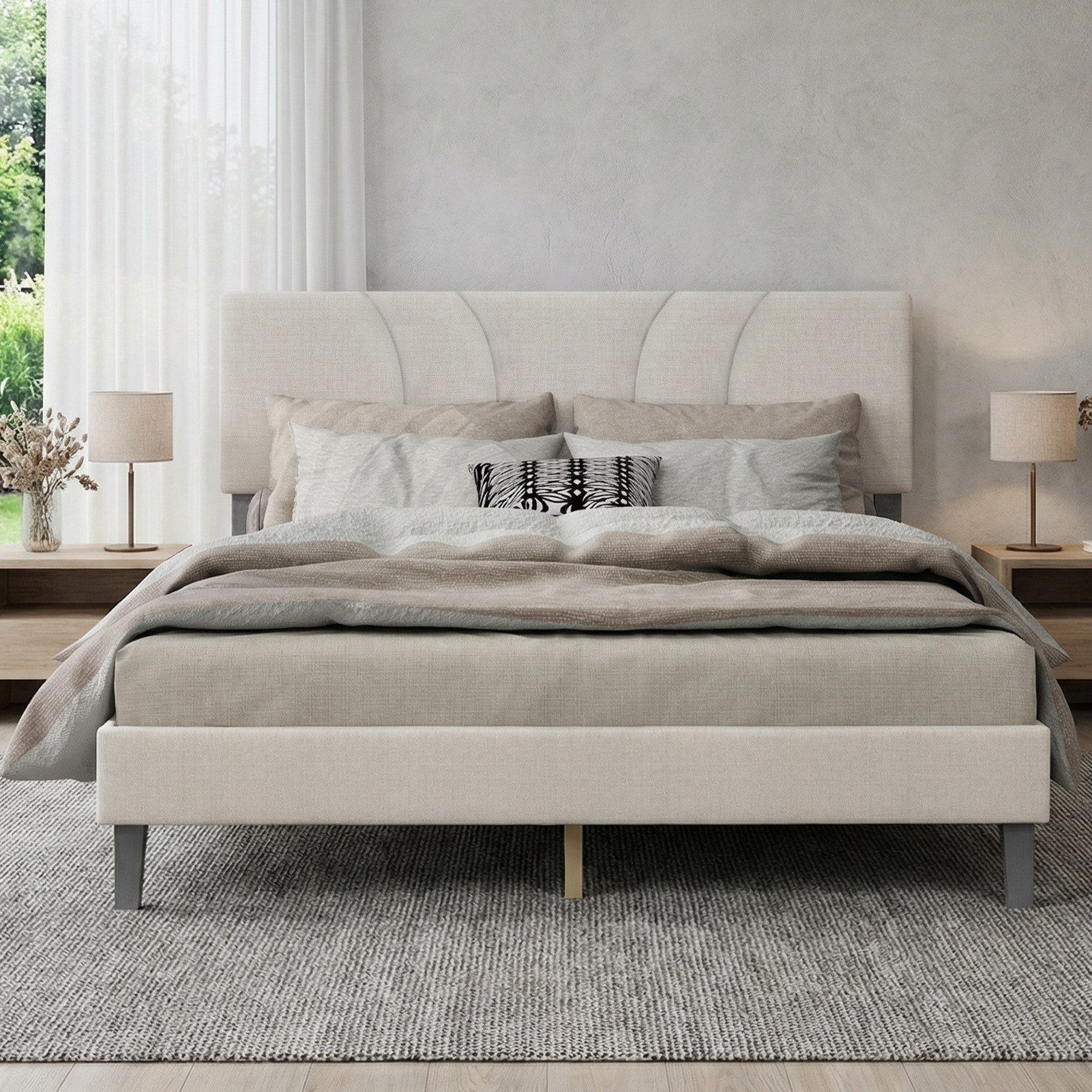 Full Size Platform Bed Frame With Adjustable Fabric Upholstered Headboard And Wooden Slats Support Fully Upholstered Mattress Foundation No Box Spring Needed Easy Assembly Beige