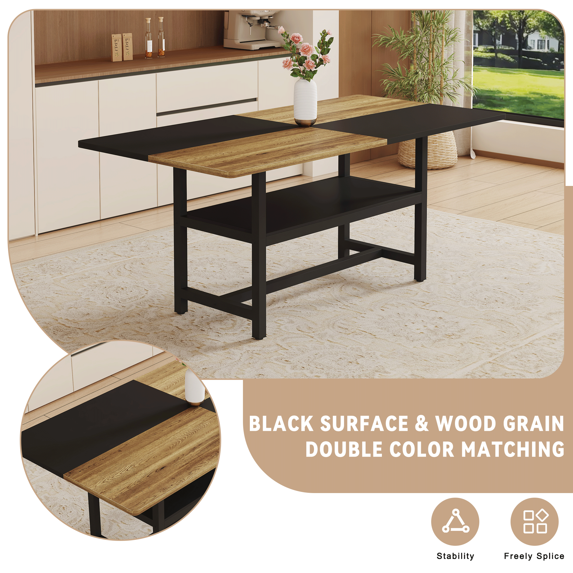 Multifunctional Dining Table 71  L X35.4  W X30  H, Two-Tone Spliced Top & 43.3  Storage Shelf, Ideal For Family Gatherings & Modern Spaces.