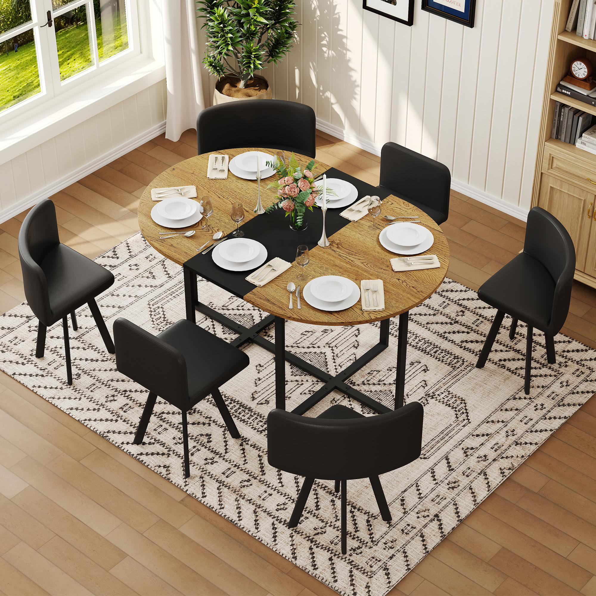 7-Piece Oval Dining Table Set, Fixed Wood Grain & Black Triamine Tabletop With 6 Black PU Leather Chairs, Modern Kitchen Table Set For 6 People, Ideal For Small Spaces, Apartment, Dining Room