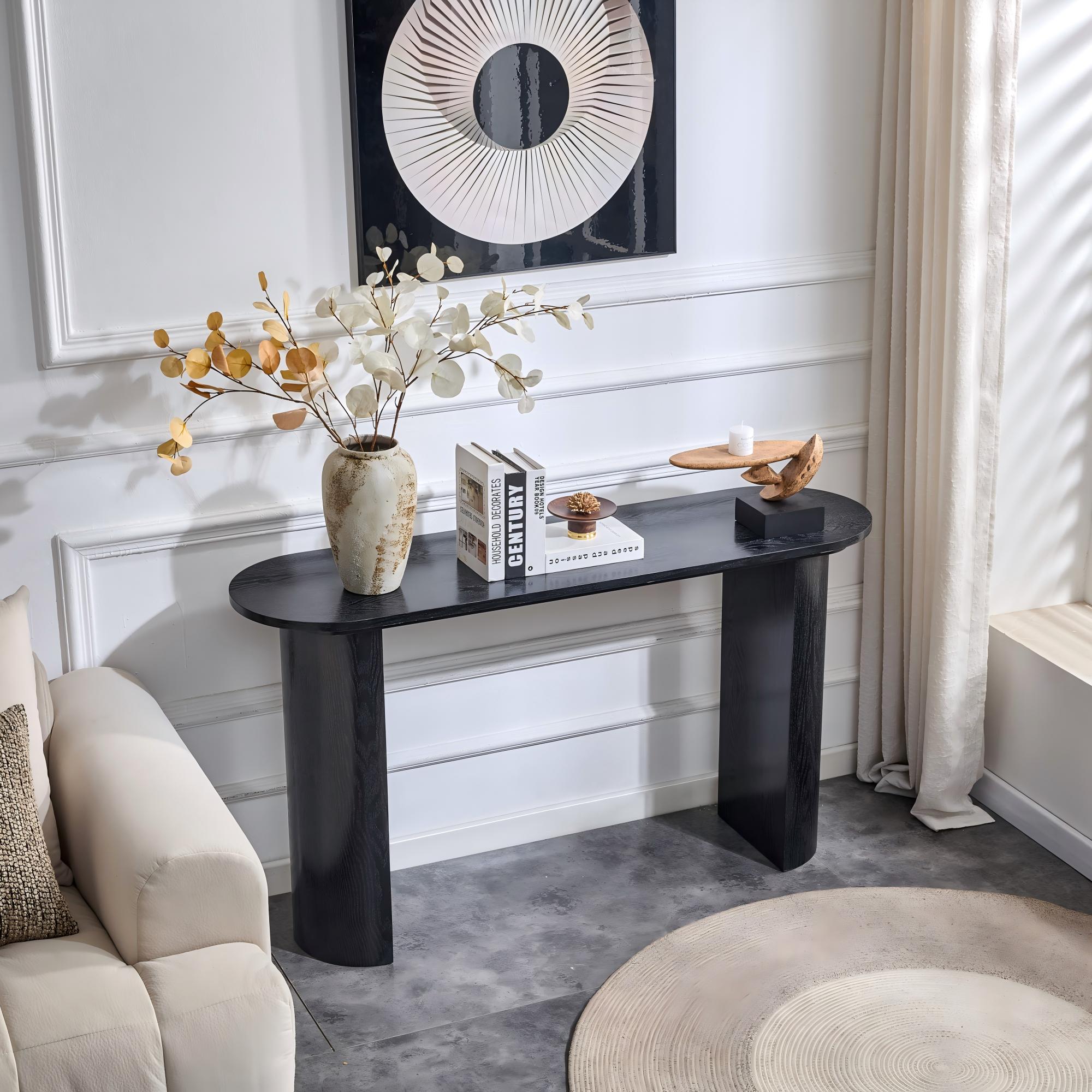 Black Curved Foyer Table - Black Wood Grain Minimalist Entrance Small Space Living Room Sofa Side Table