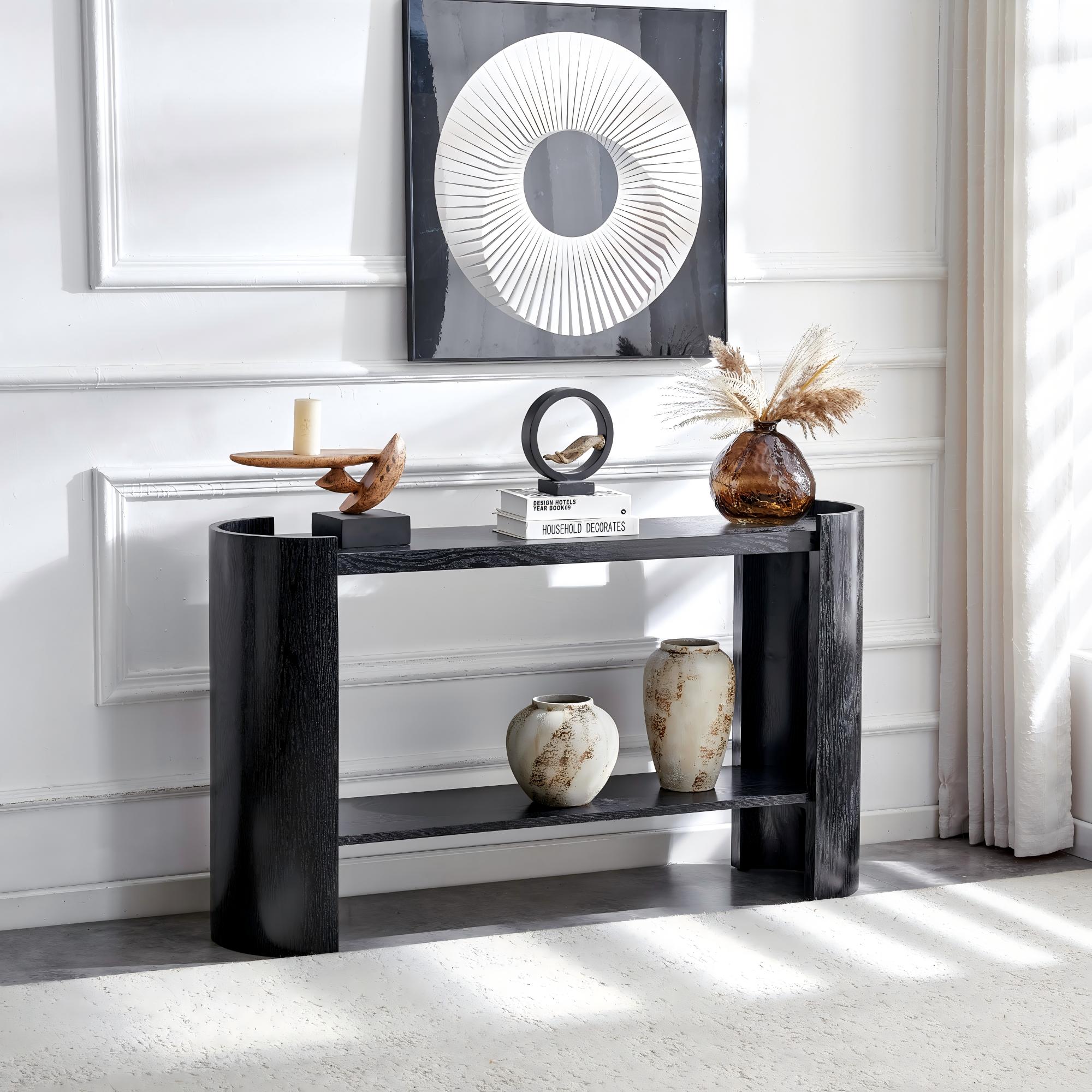 Double-layer Black Curved Foyer Table - Black Wood Grain Minimalist Entrance Small Space Living Room Sofa Side Table