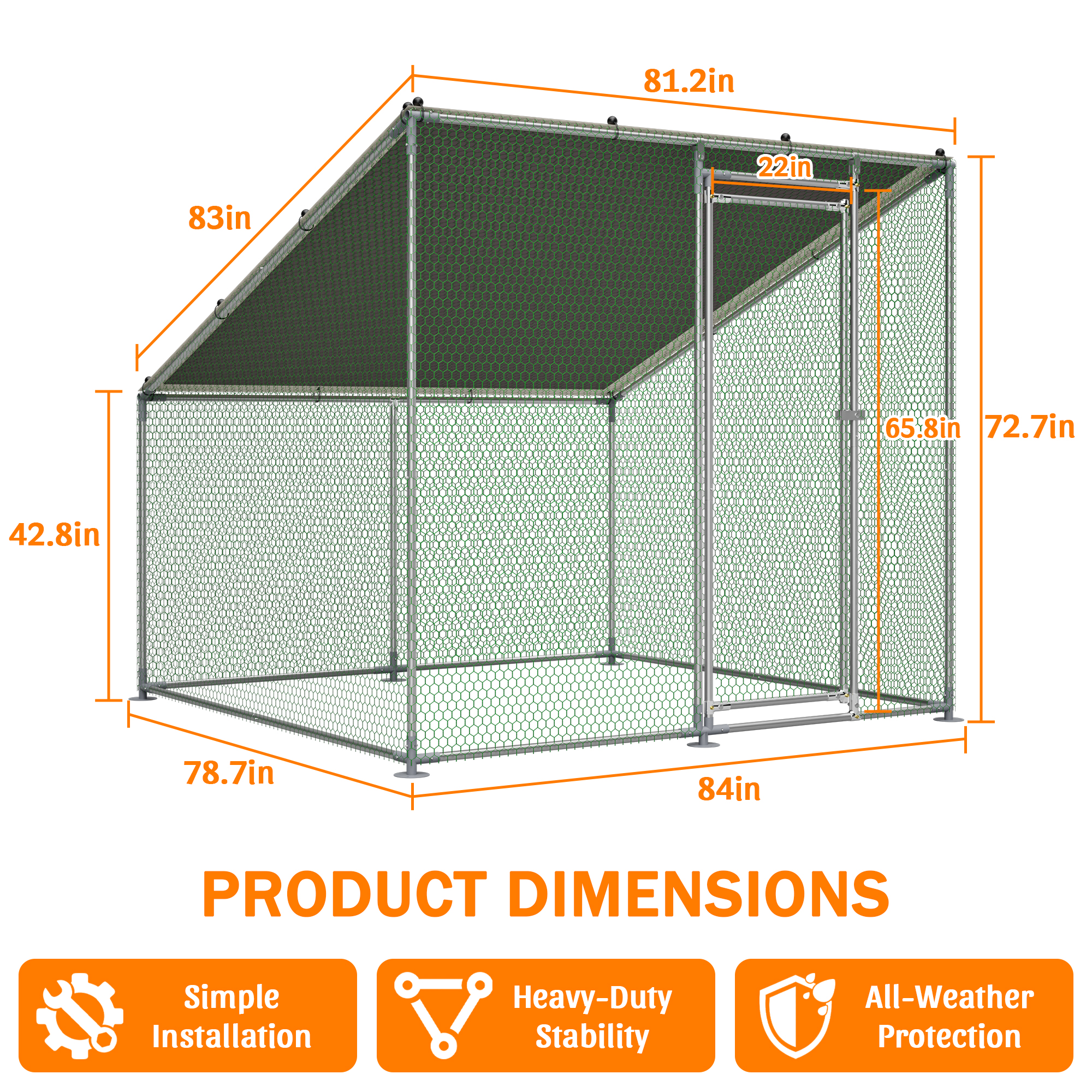 84 X78.7 X72.7 Walk-In Metal Chicken Coop,Slanted Roof,Heavy-Duty All-Weather Poultry Cage With Waterproof & Anti-UV Cover, Stable Outdoor Run For Yard With Spring Button Connectors & Reinforced Mesh — image 1