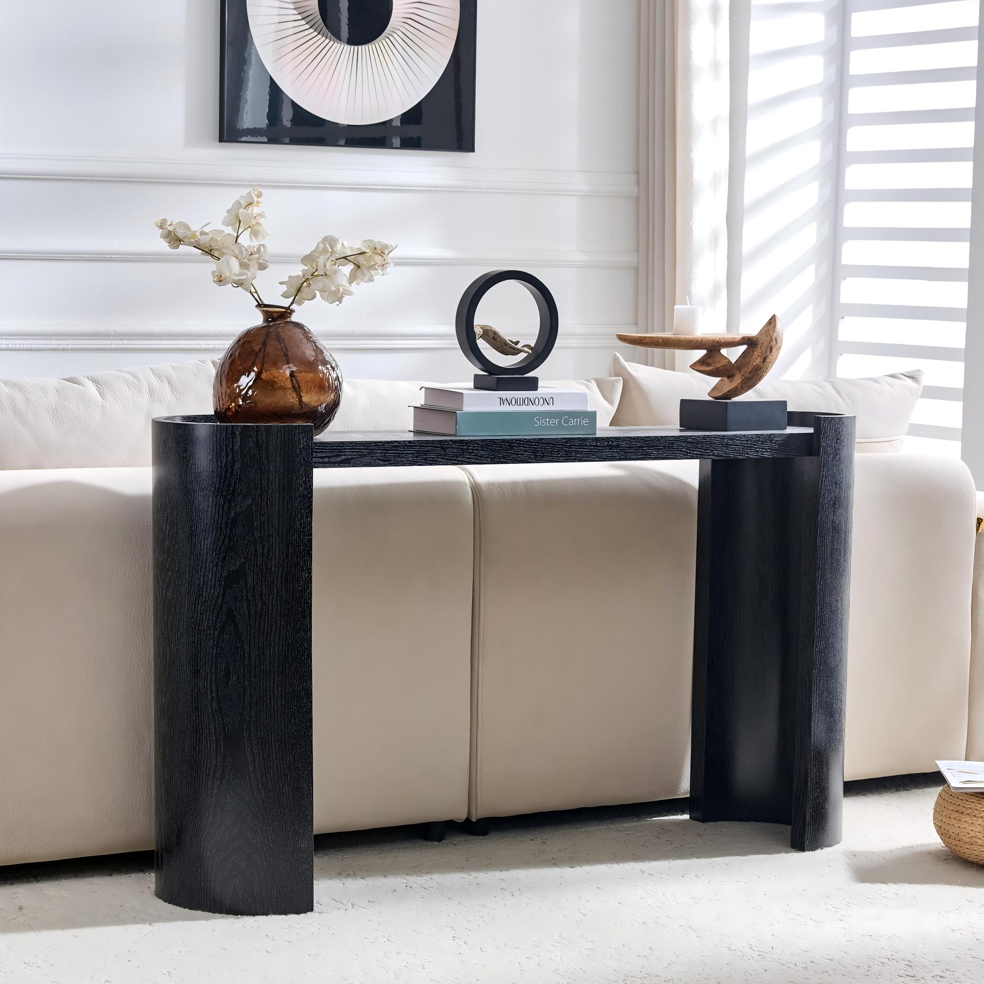 Black Curved Foyer Table - Black Wood Grain Minimalist Entrance Small Space Living Room Sofa Side Table
